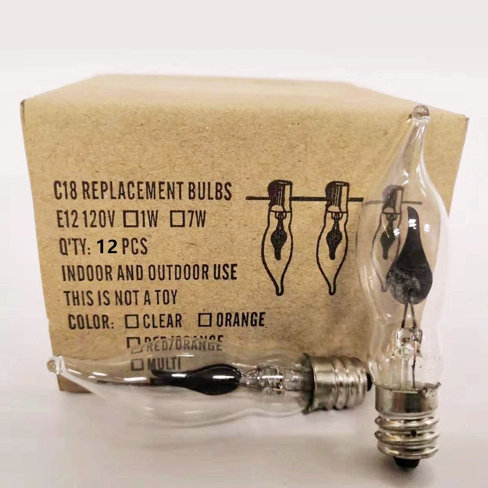SUNSGNE Flicker Flame Light Bulbs, C18 Clear Glass, E12 Base, 12 Pack, 1 Watt, 120 Volt, Crystal Clear Flame Tip