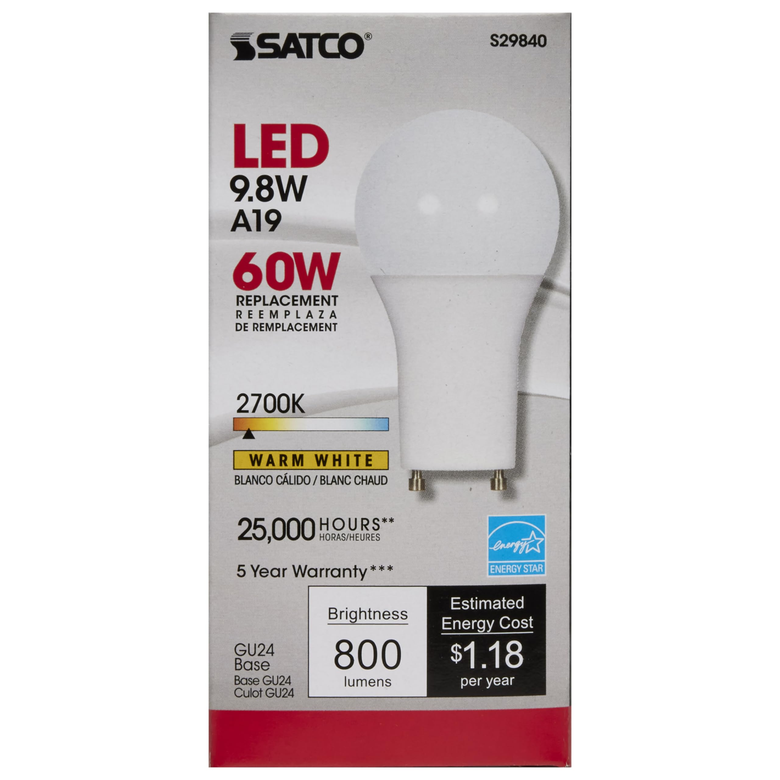 Satco Dimmable LED A19 Light Bulb, GU24 Base, 9.8W, 2700K, 800 Lumens, Frosted White, Model S29840,