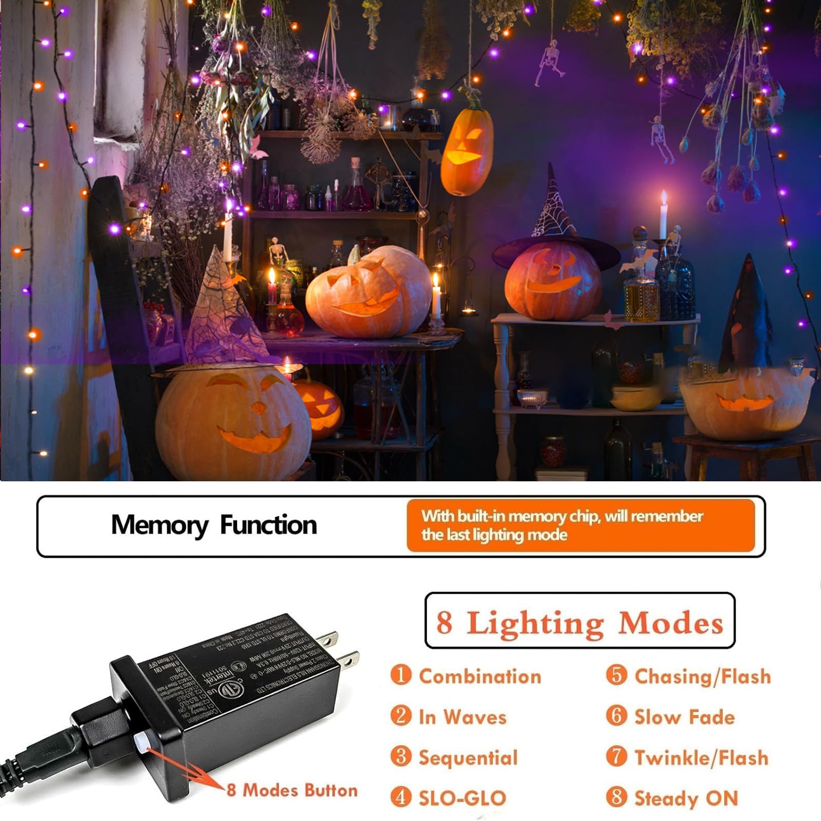 SANJICHA 66FT 200 LED Halloween Lights, Color Changing Orange to Purple, 9 Lighting Modes, Timer, Model MLS-D-02900207-SW
