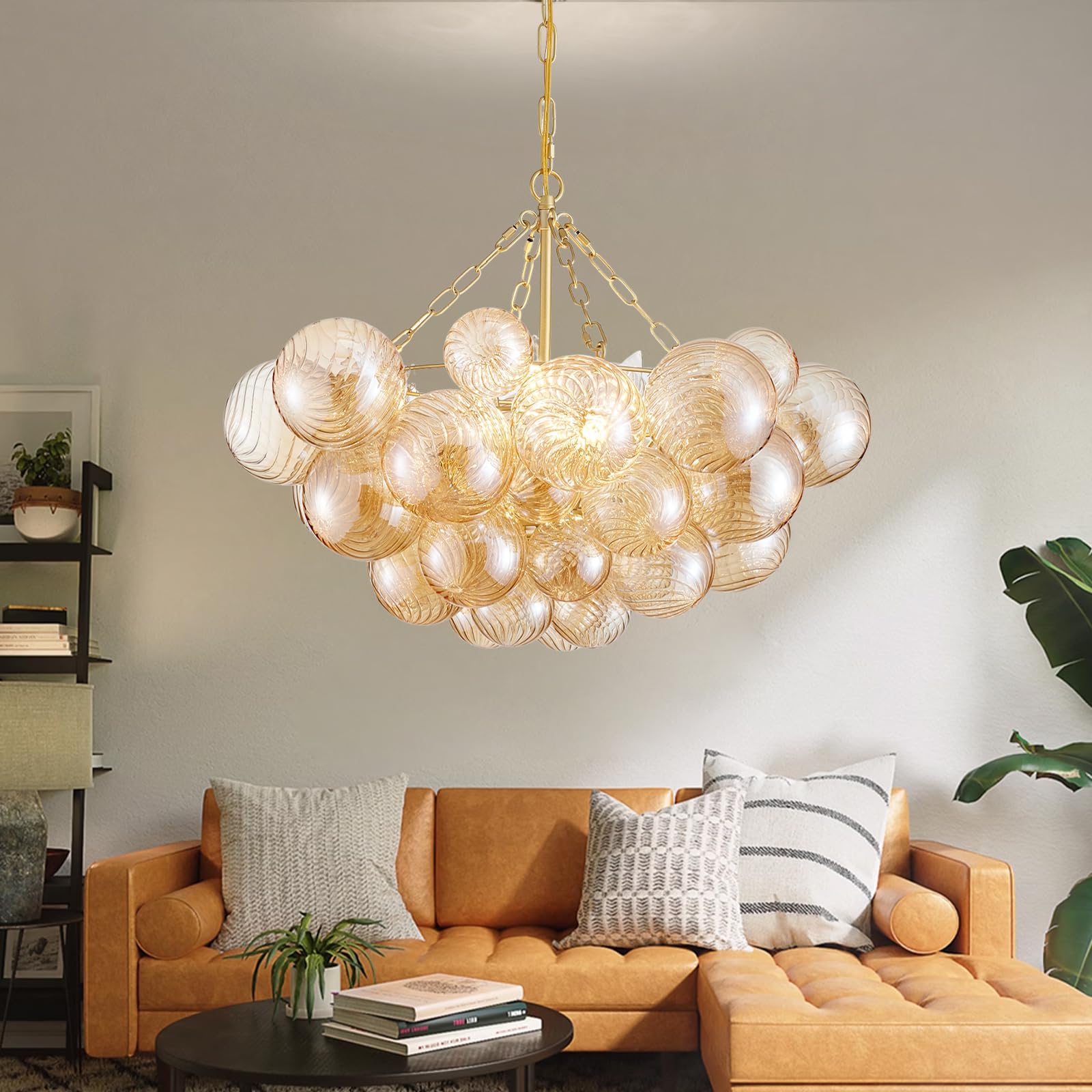 SM Saint Mossi 5-Light Bubble Ball Glass Chandelier, Amber Glass with Gold Frame, Modern Dining Room Lighting, Model SM-DY-24017