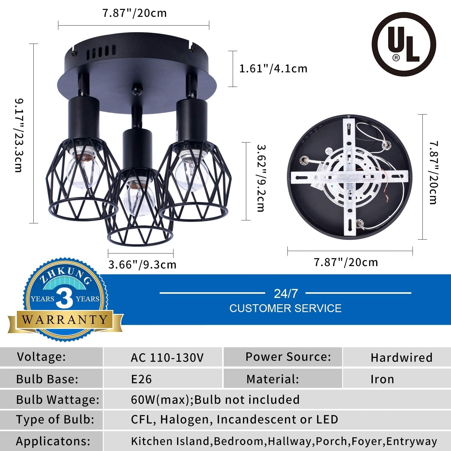 zhkung Industrial Semi Flush Mount Ceiling Light, 3-Light Vintage Black Metal Wire Cage, Model zhkung-001