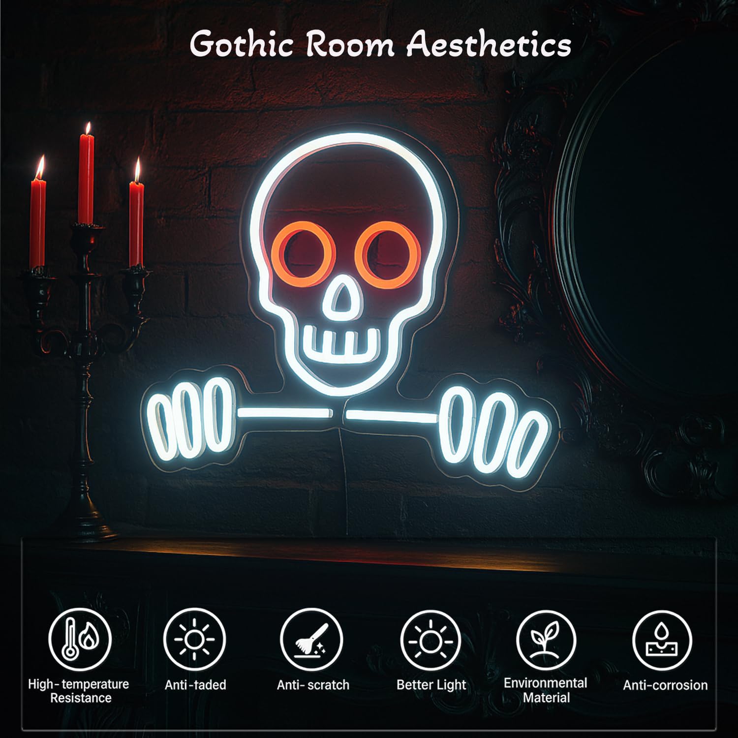 LIBFUGOR Skull & Skeleton Neon Sign, Dimmable LED Wall Light, USB Powered, 16’’×12.6’’, White Plastic Gothic Decor