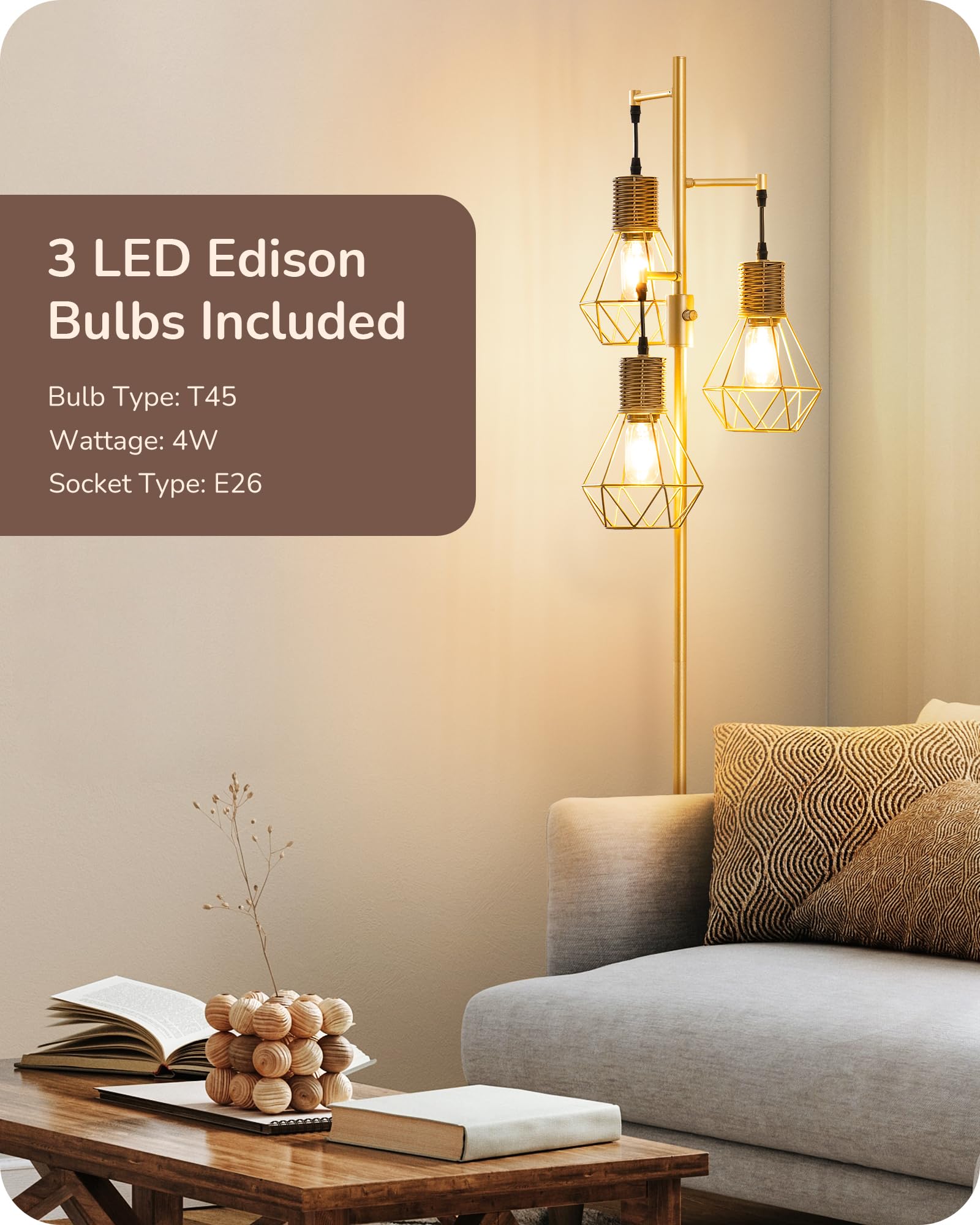 EDISHINE Dimmable Industrial Floor Lamp, Gold Farmhouse Design with 3 LED Edison Bulbs, Rustic Rattan Reading Light for Living Room & Office