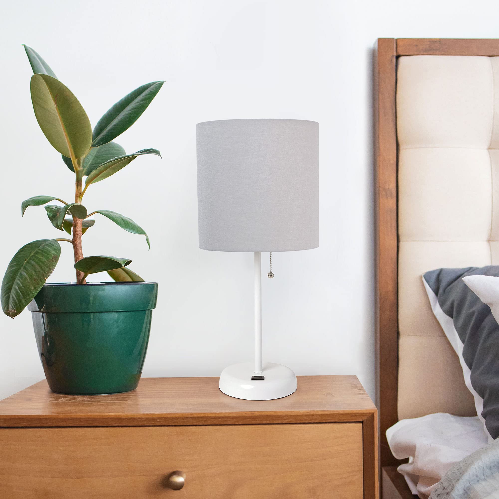 Creekwood Home 19.5&quot; Usb Table Lamp, White Metal With Gray Drum Shade, Contemporary Design