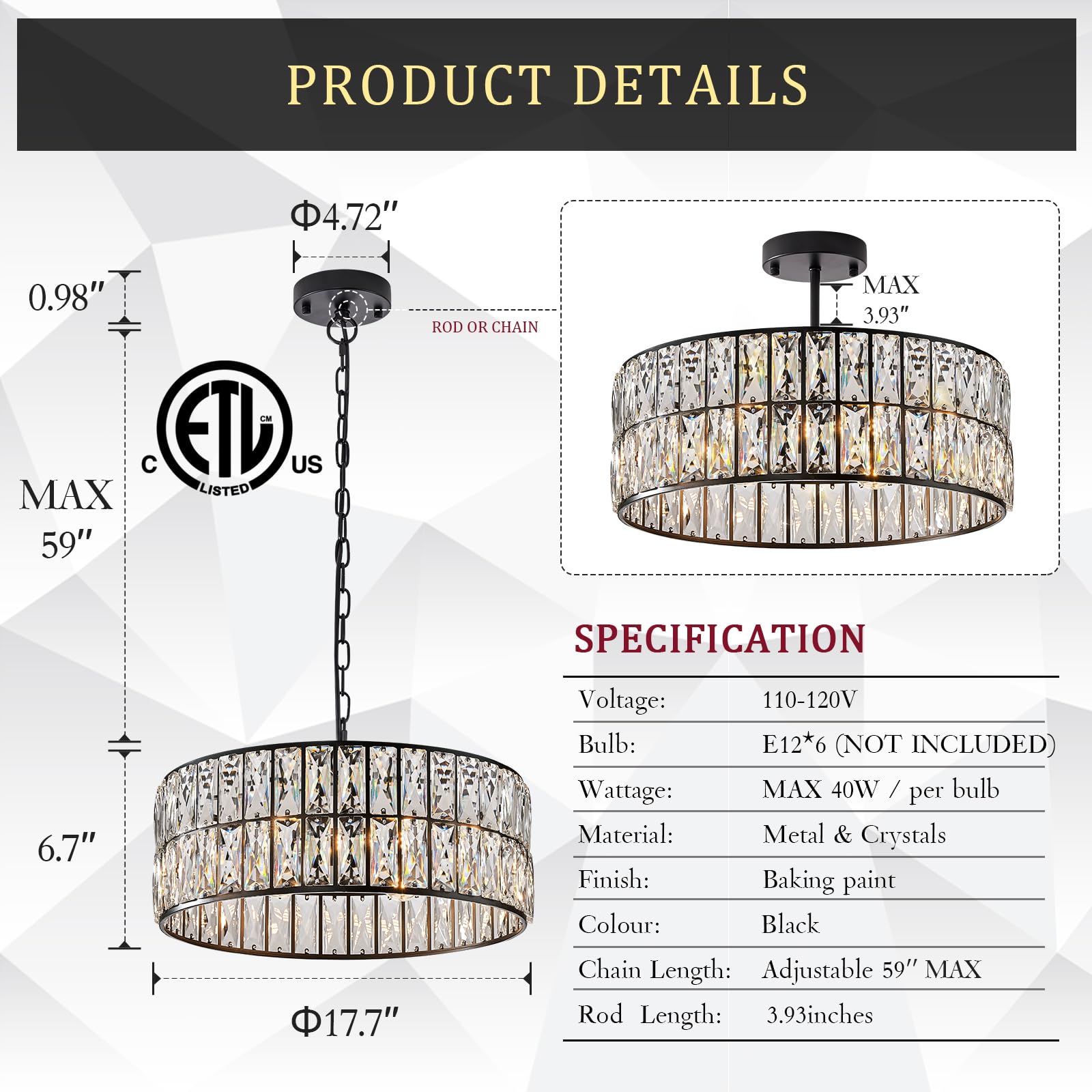CATINER Black Crystal Chandelier - 6-Lights Pendant Light, 18" Drum Semi Flush Mount for Dining Room, Living Room, Kitchen