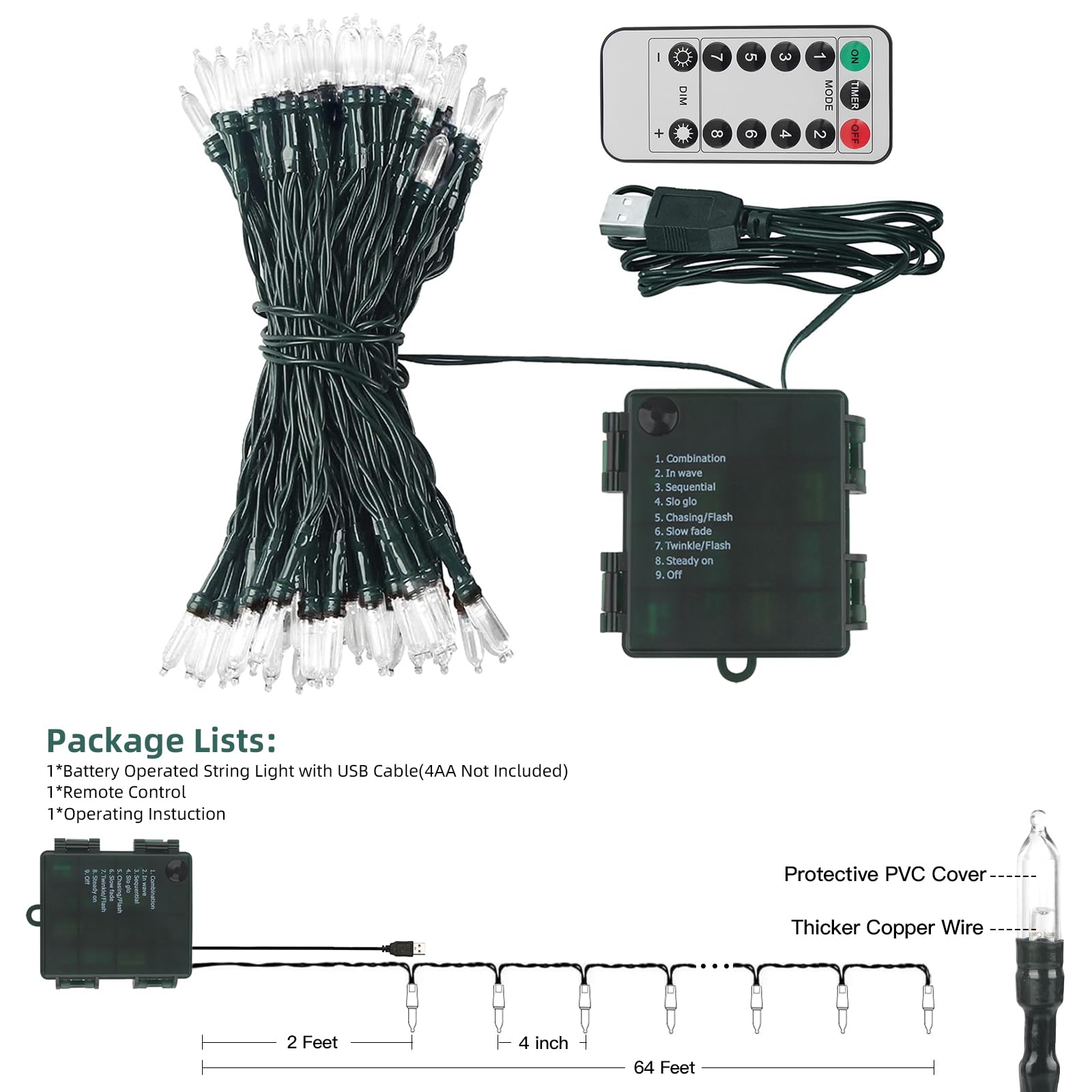Xtf2015 Christmas Lights 66Ft 200 Led Battery String Lights Timer Memory Function Usb Or Battery Powered Waterproof For Indoor O