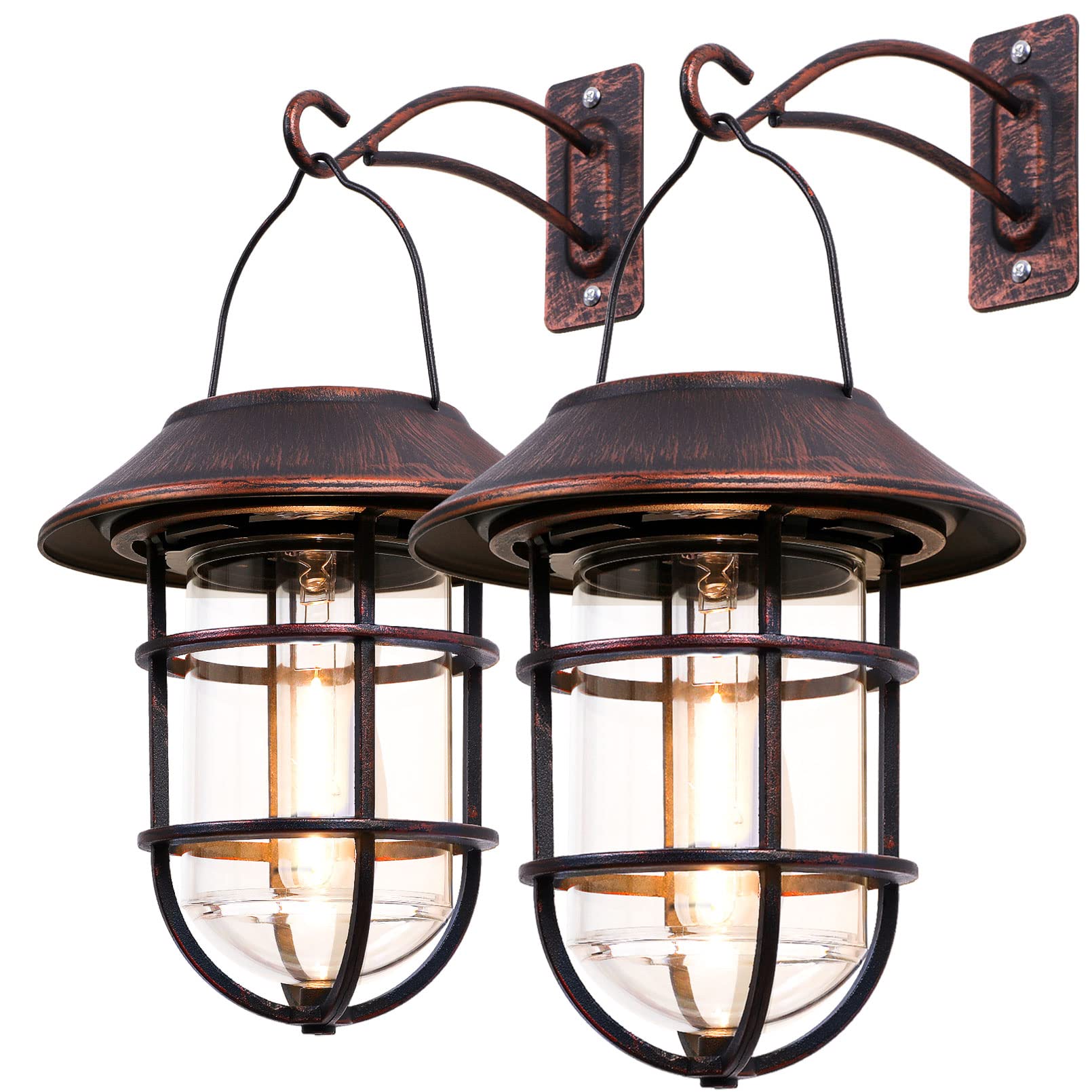 Solar Lantern Outdoor Hanging Solar Lights, Waterproof Metal Solar Outdoor Lights With Clear Glass, Led Edison Bulbs Cordless Decorative Aluminum Wall Lantern With Hooks, Bronze