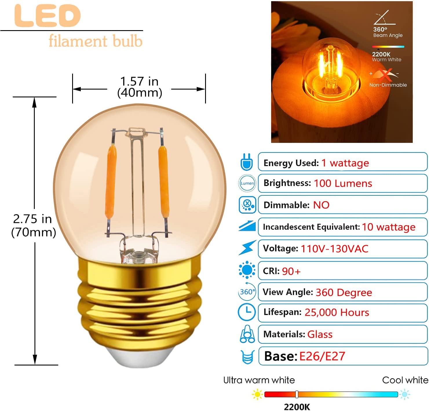 G40 E26 1W Low Wattage Led Bulbs Vintage Small Globe Filament Nightlight 10 Watt Edison Style Amber Bulb, 2200K Warm White Non D