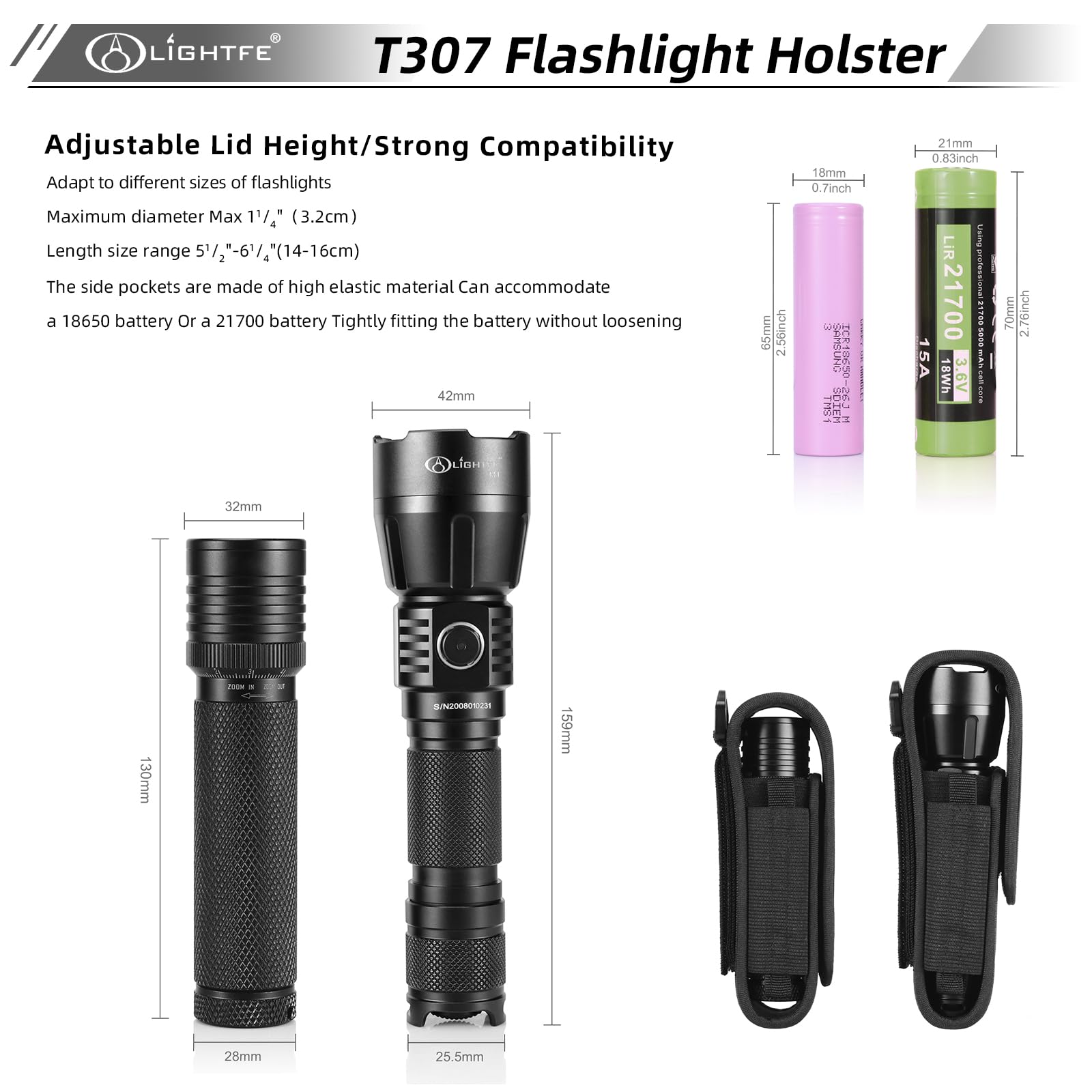 Flashlight Holster T307 Tactical Flashlight Holster Suitable For Flashlights With A Length Of 5.5''-6.2'' Or A Diameter Of 32Mm,