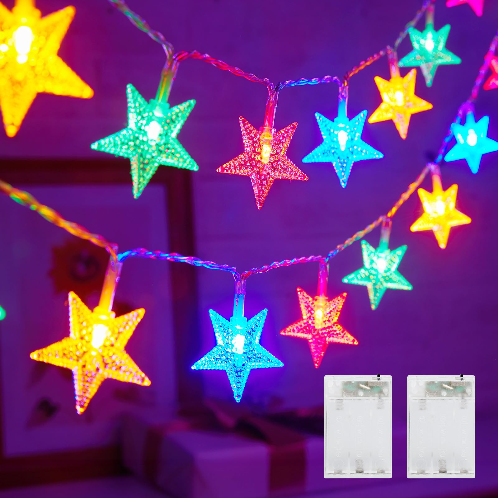 Minetom Star String Lights - 50 LED Fairy Lights, Waterproof, Battery Operated, 17 ft, 2 Pack, Multicolor