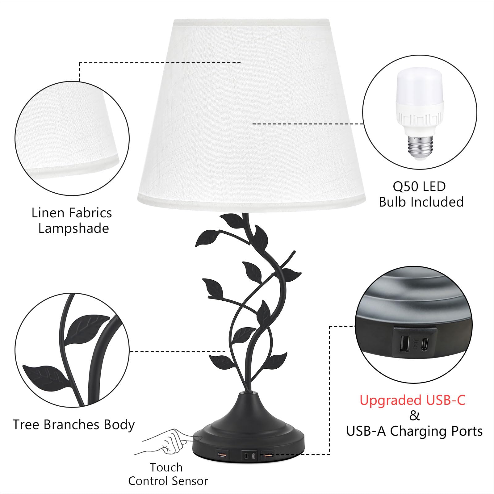 Kakanuo Usb Touch Table Lamp Bedside Lamp With Usb C Charging Ports For Living Room, White 3 Way Dimmable Traditional Nightstand