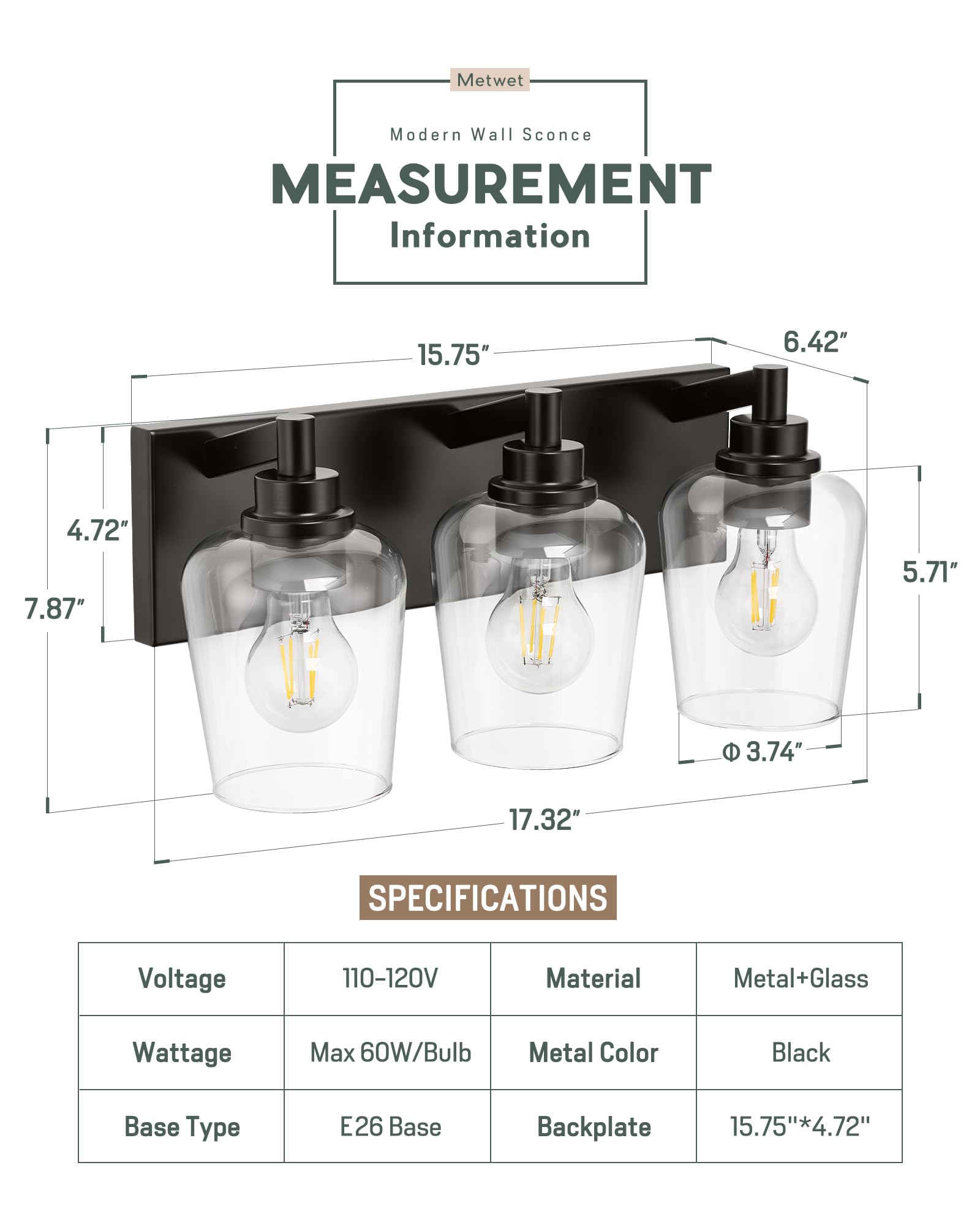 METWET 3-Light Bathroom Vanity Light, Modern Clear Glass Shades, Matte Black, Model VL155-MB-3
