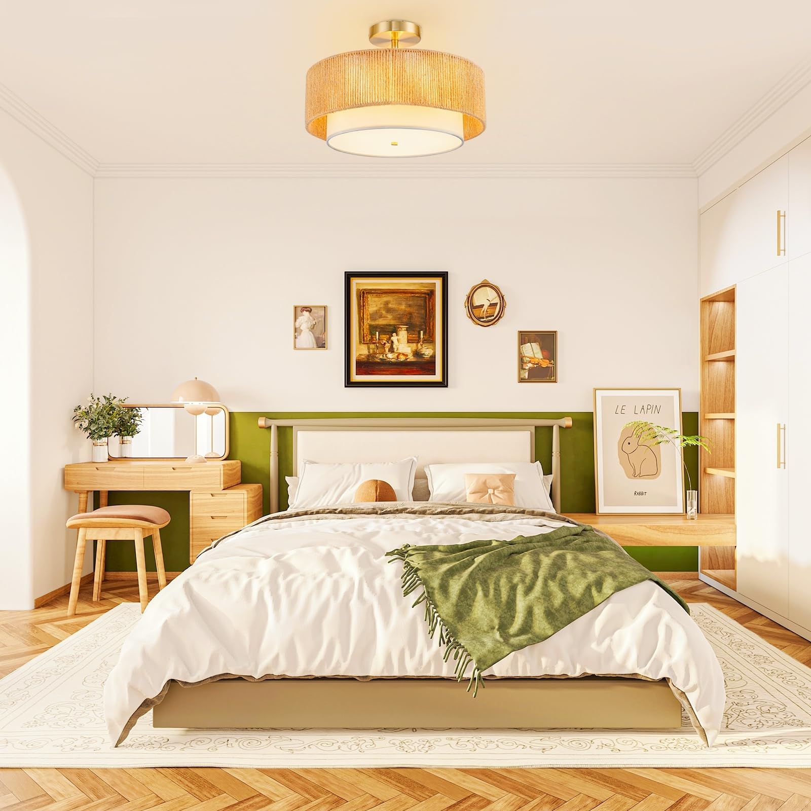 SineRise Rattan Flush Mount Ceiling Light Fixture, 16in  Large, Gold, Boho Design, 2-Tier Drum for Living Room, Kitchen, Bedroom