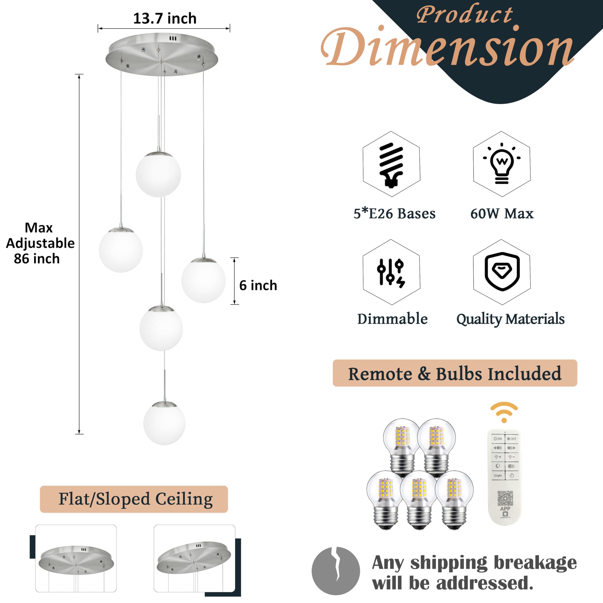 Koko&Yukina 5-Light Globe Glass Pendant Light Adjustable Length Pendant Lights Fixtures Modern Nickel Chandelier With Milky Whit