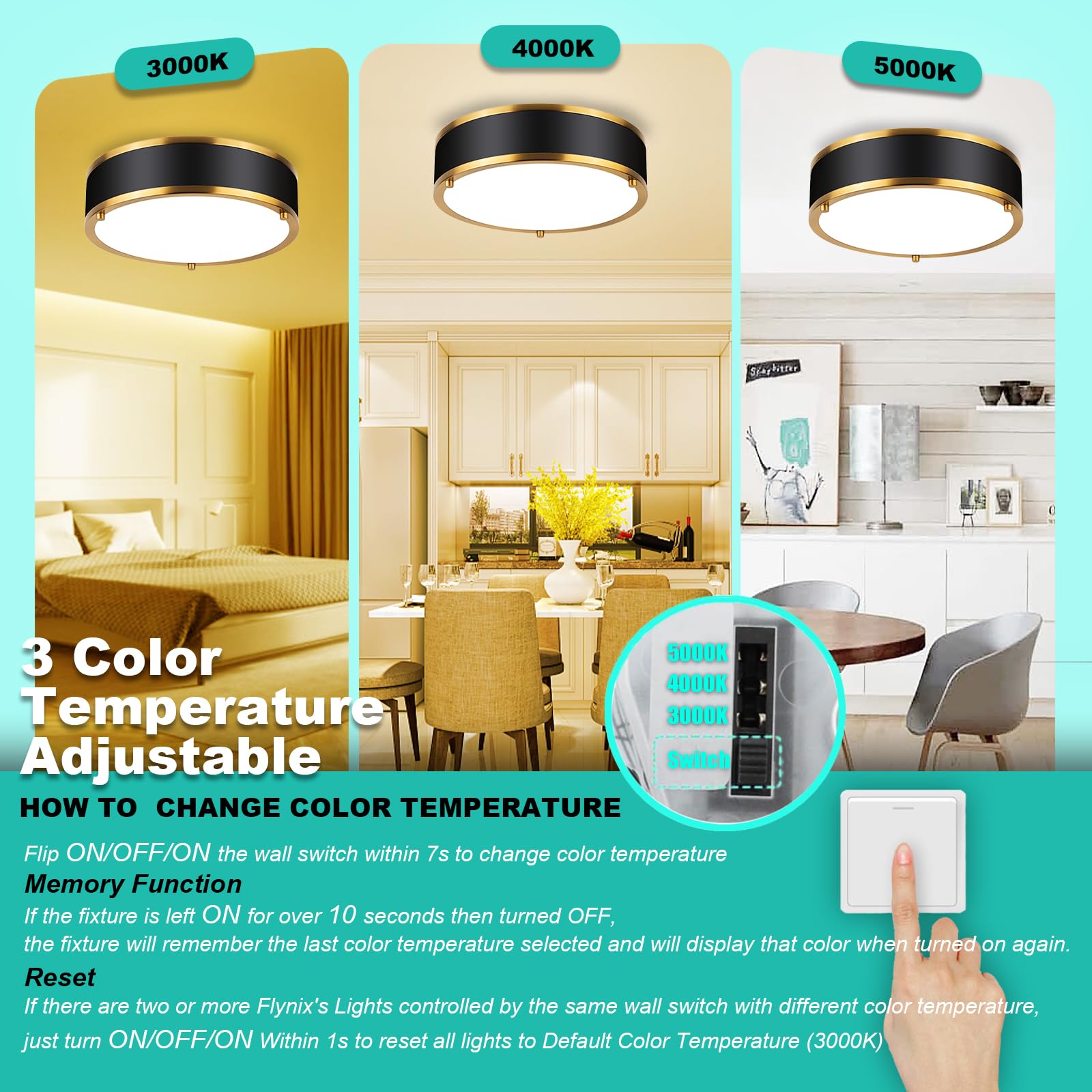 Edwarmlux 12.5 Inch Led Flush Mount Light Fixture, 26W, Modern Ceiling Light, 3 Color Adjustable 3000K/4000K/5000K, Dimmable For