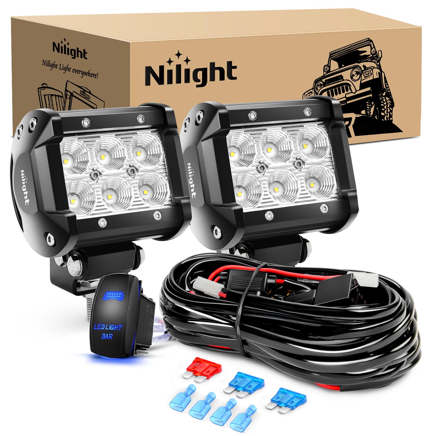 Nilight 4 Inch Led Light Pods 2Pcs 18W Flood Fog Light Bar With 12V 5Pin Rocker Switch Te Connector Wiring Harness Kit-2 Leads F