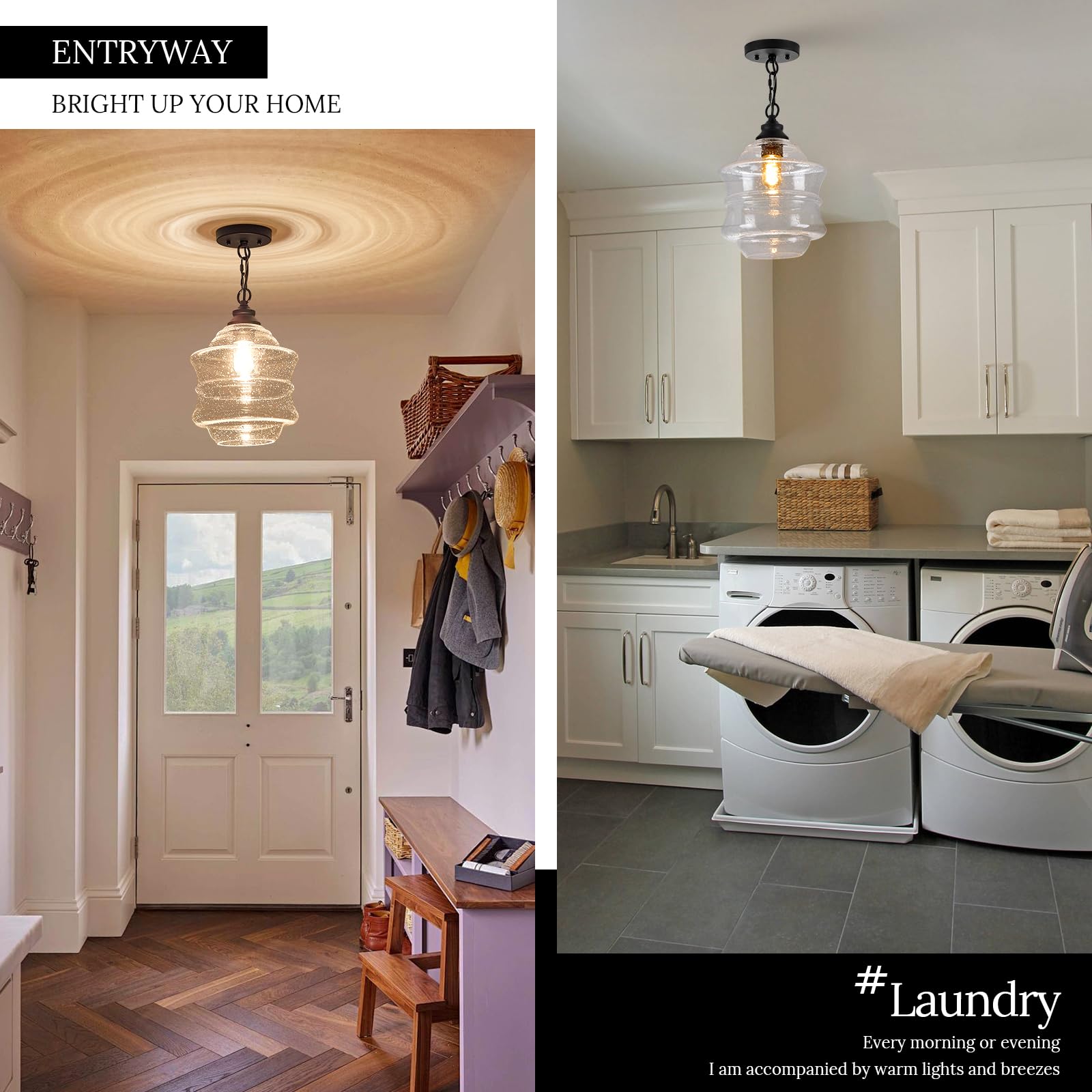 Fookchak Seeded Glass Pendant Lights Black 10Inch Farmhouse Ceiling Pendant Lighting Kitchen Island Large Clear Glass Island Han