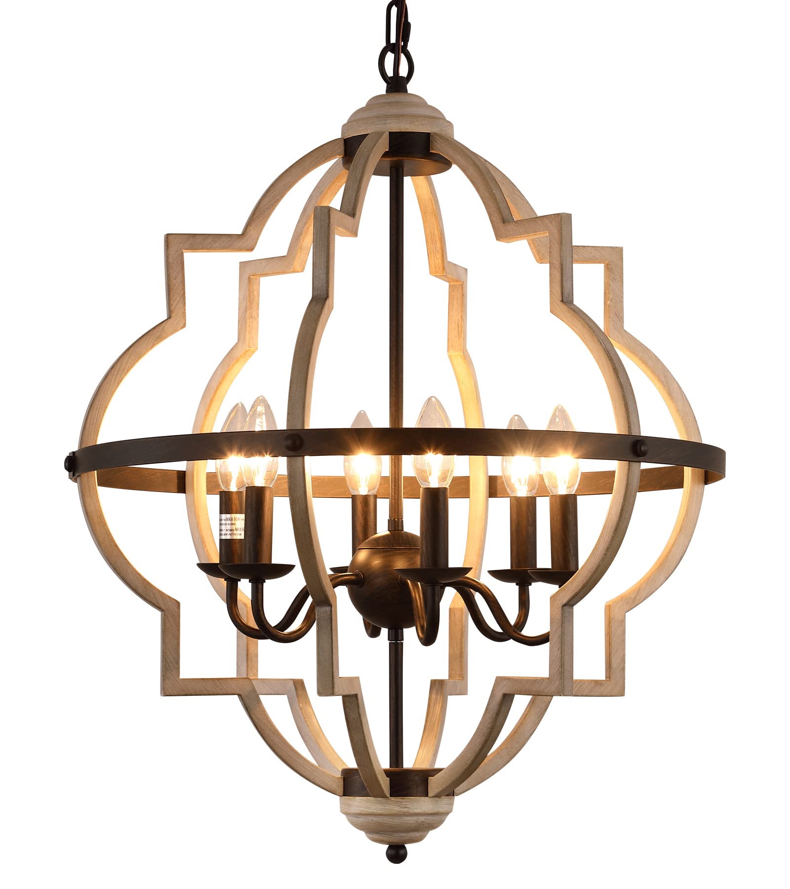 Q&S Rustic Antique Orb Chandelier, 6-Light Oak White Iron Ceiling Fixture for Foyer, Dining Room, Kitchen, Living Room