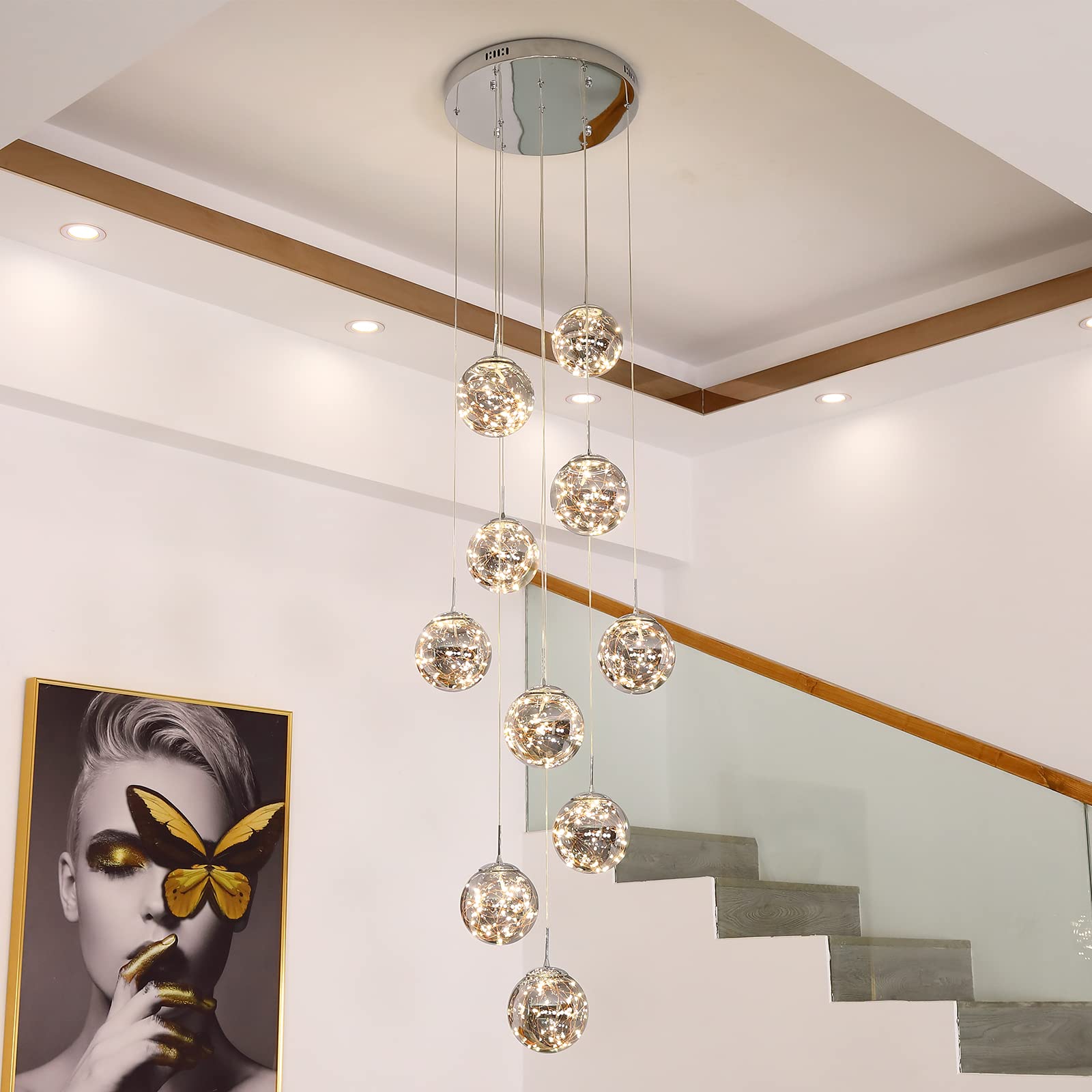 KAUCQI 10-Light LED Staircase Chandelier, Gray Metal Modern Lighting Fixture, Adjustable Length, Model ZG-1001