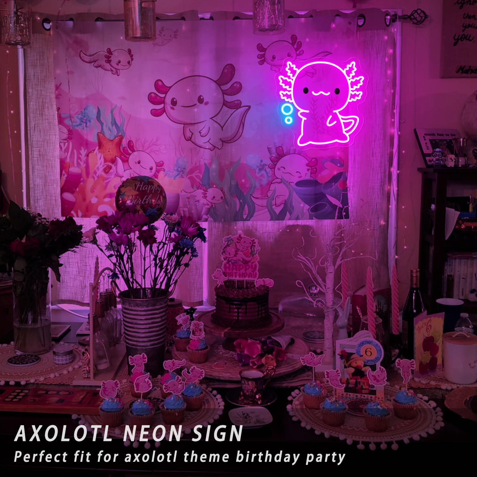 Housignz Axolotl Neon Sign, Dimmable LED Wall Art, 12x11.9 inches, Pink & Ice Blue, Model FTNHD-Axolotl - Perfect for
