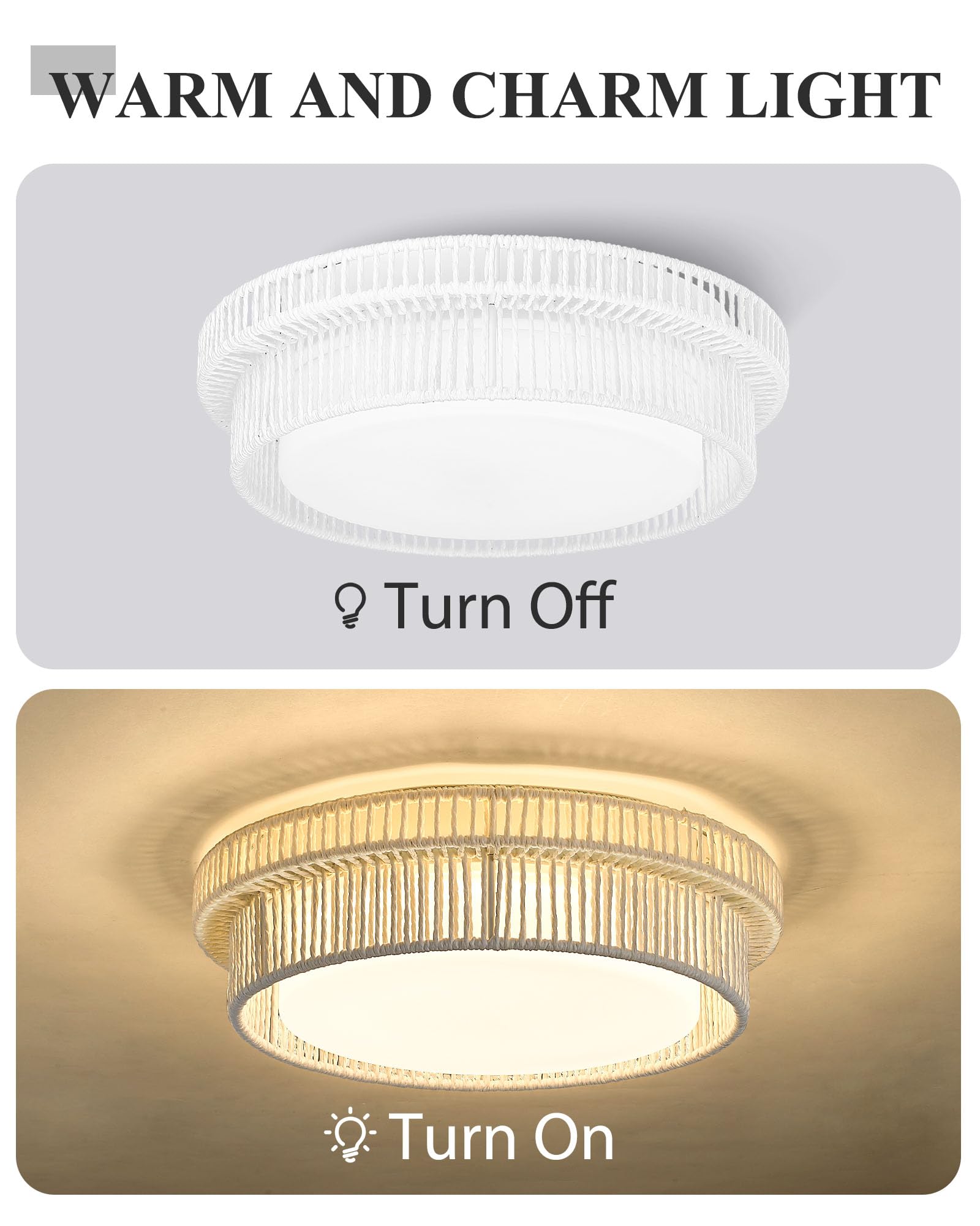 HWH Rattan Ceiling Light Fixture, 24W LED Flush Mount, Hand-Woven Twine, 16in  Size, White, Model 5HYS78MF-LED WH