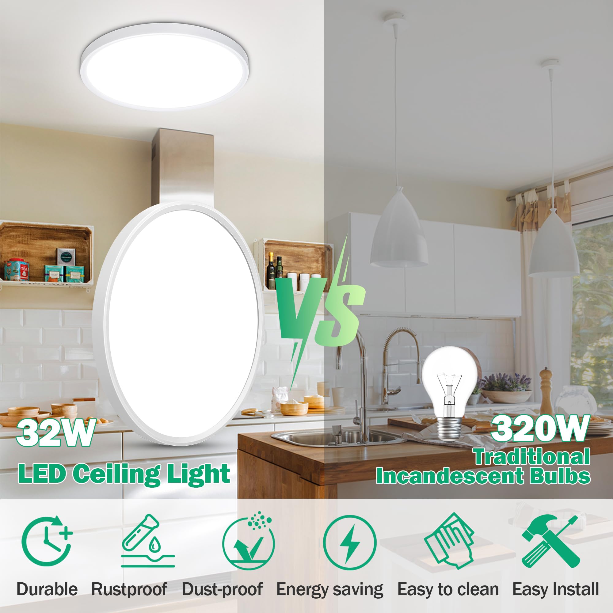 Sunrider 2-Pack 16 Inch Led Flush Mount Ceiling Lights, 3200Lm, 5000K Daylight White, 32W Bright Dimmable Round Flat Light Fixtu