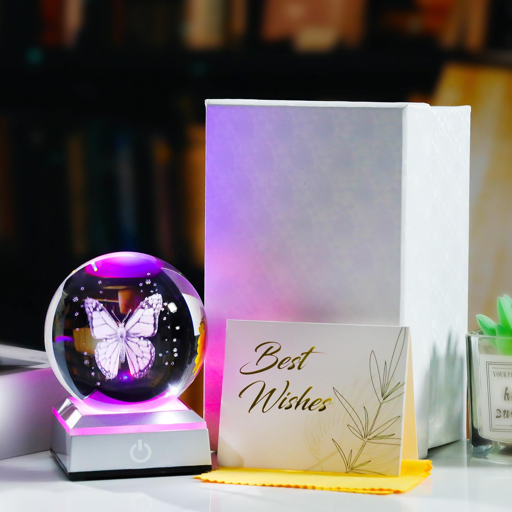 Ornalrist 3.15In. 3D Crystal Ball Engraved Butterfly Gifts For Women Girlfriend Night Light With Led Base, Glass Butterfly Ball Valentine'S Day Gifts For Butterfly Lover Figurine Home Decor