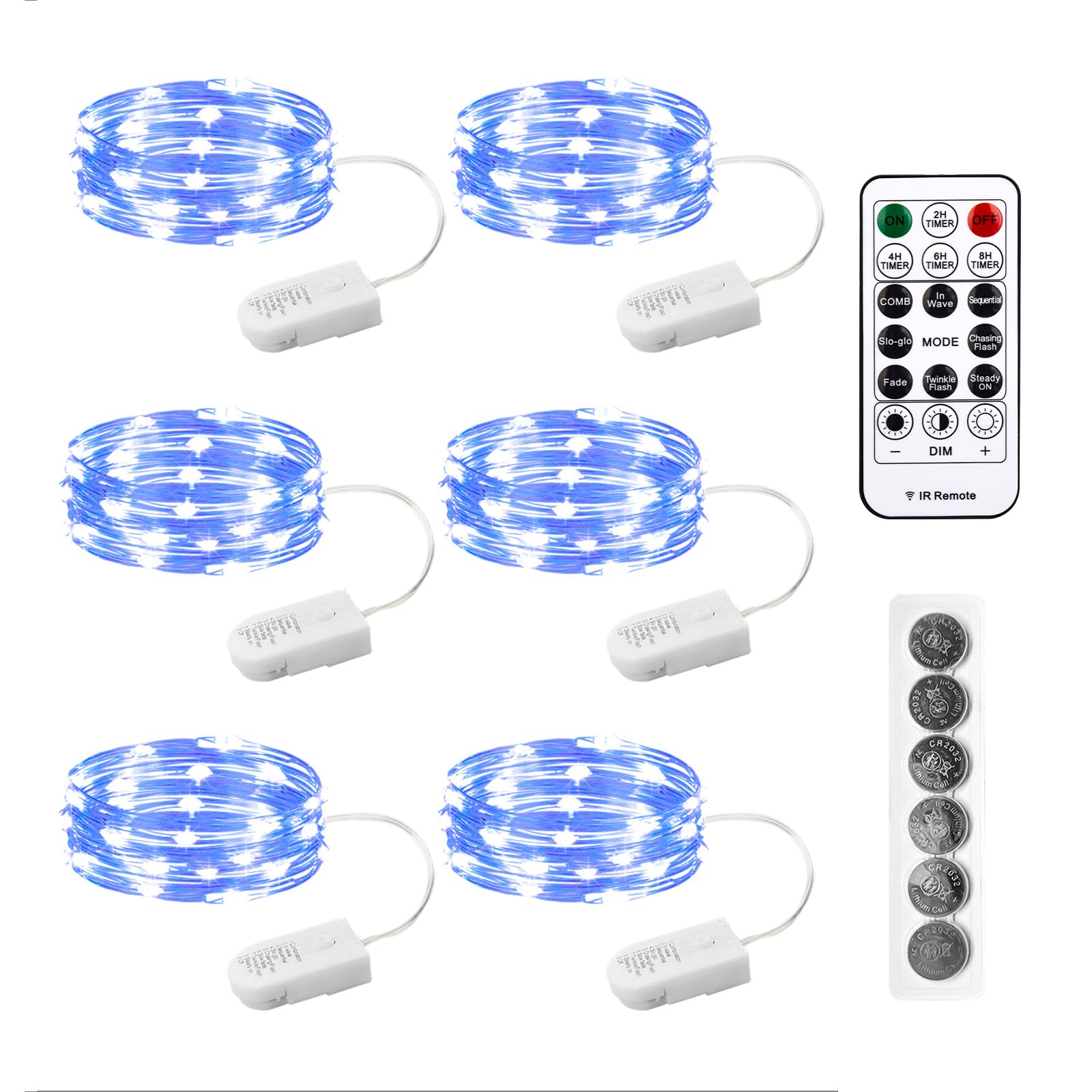 SINAMER 6PCS Fairy Lights Battery Powered with Remote, 7ft 20LEDs Blue Twinkle Mini Lights with Timer, Waterproof Small Silver Wire Firefly Starry for DIY Wedding Party Christmas