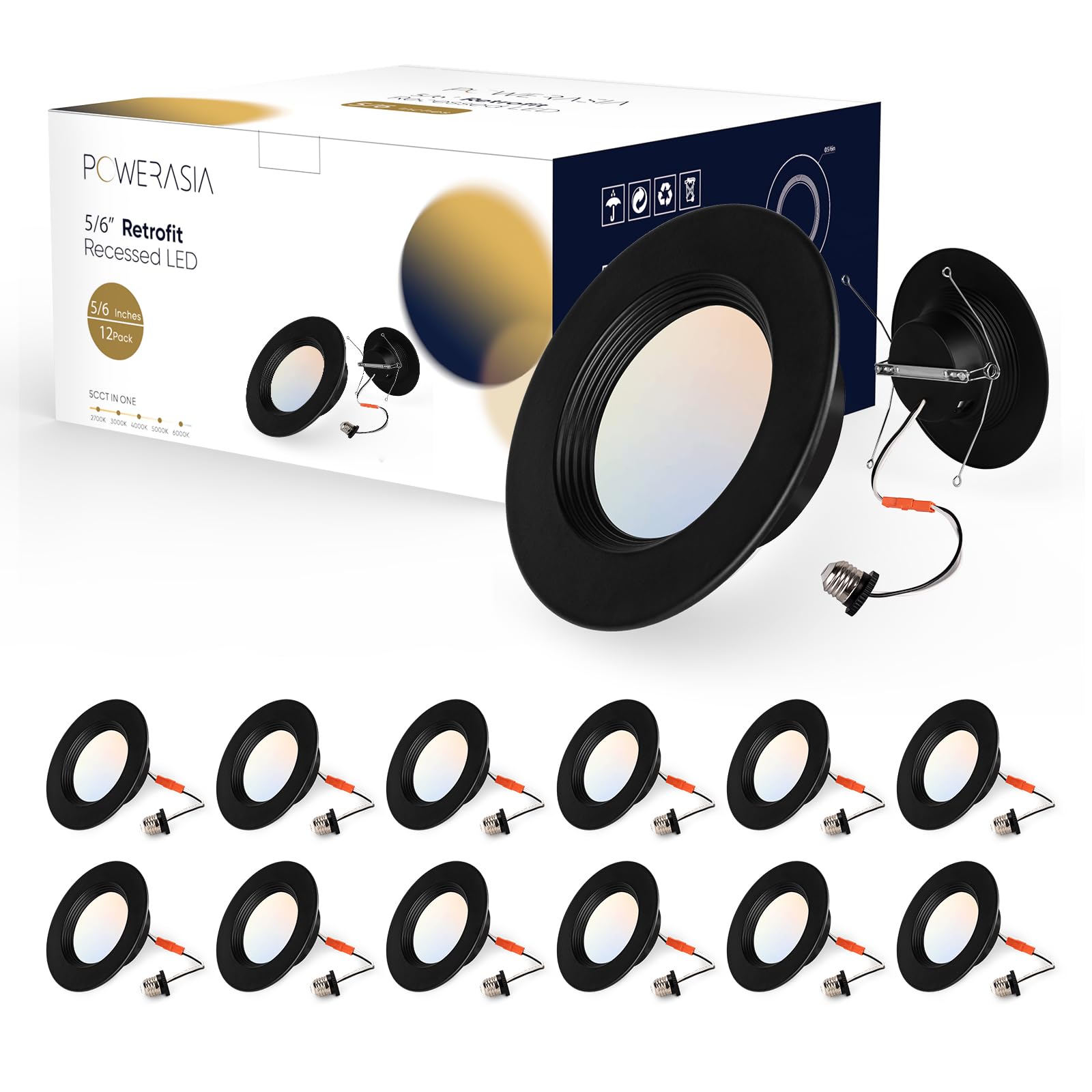 12 Pack 5/6 Inch Black LED Can Lights Retrofit Recessed Lighting, 5CCT 6 Inch Recessed Lights Selectable 2700K-6000K Dimmable, 1