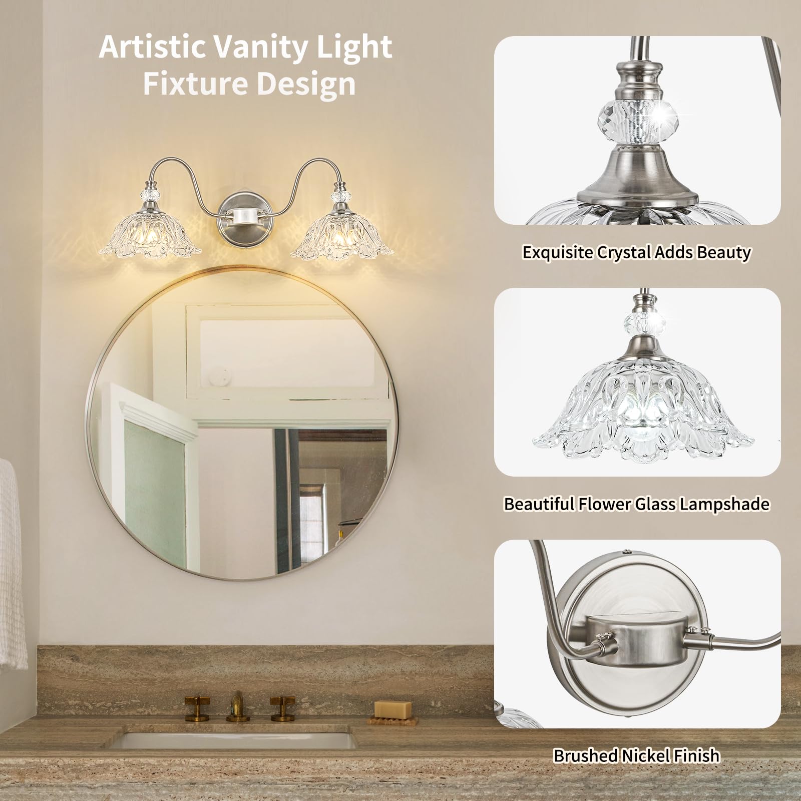Sunkryster 2-Light Brushed Nickel Bathroom Vanity Light with Floral Glass Shades, Model Sun-104AB-2-Nickel