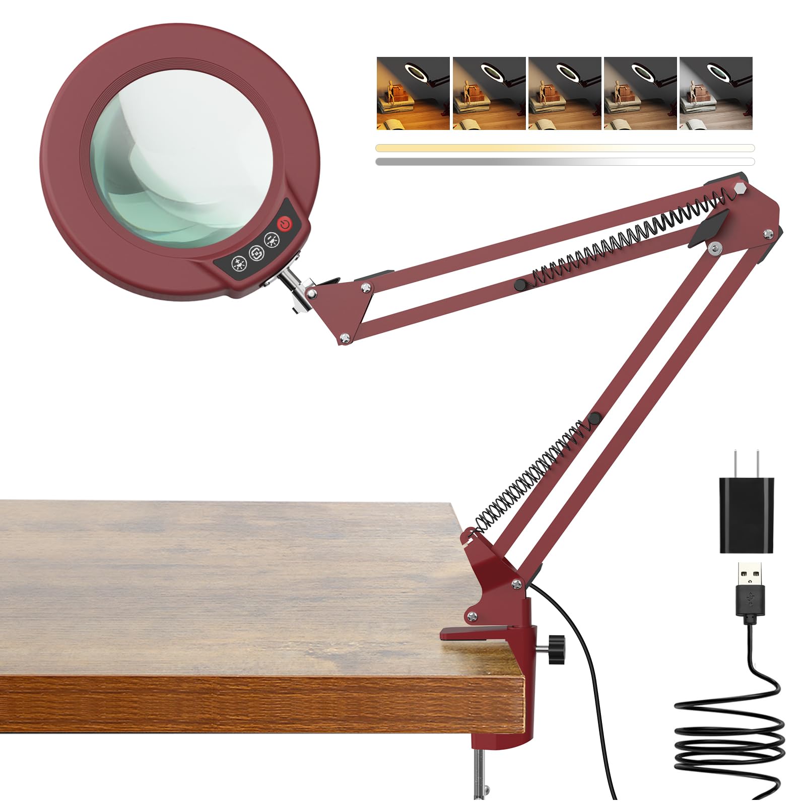 Coyeth 10X Magnifying Glass with Light, Metal Clamp Desk Lamp, Stepless Dimmable LED, Red