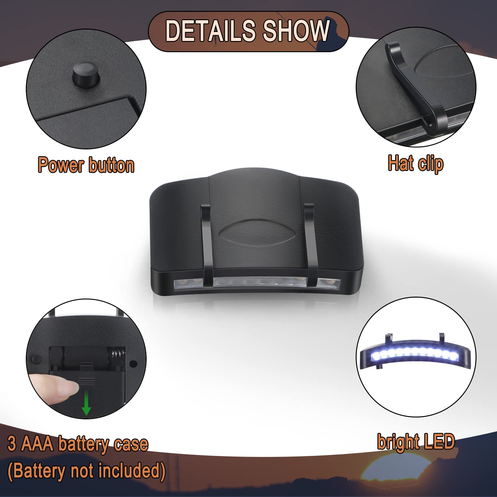 Hortsun 10 Pcs Cap Light Clip 11 Led Cap Lights Clip On Hat Battery Hat Brim Clip On Light Black Waterproof Ultra Bright Hat Fla
