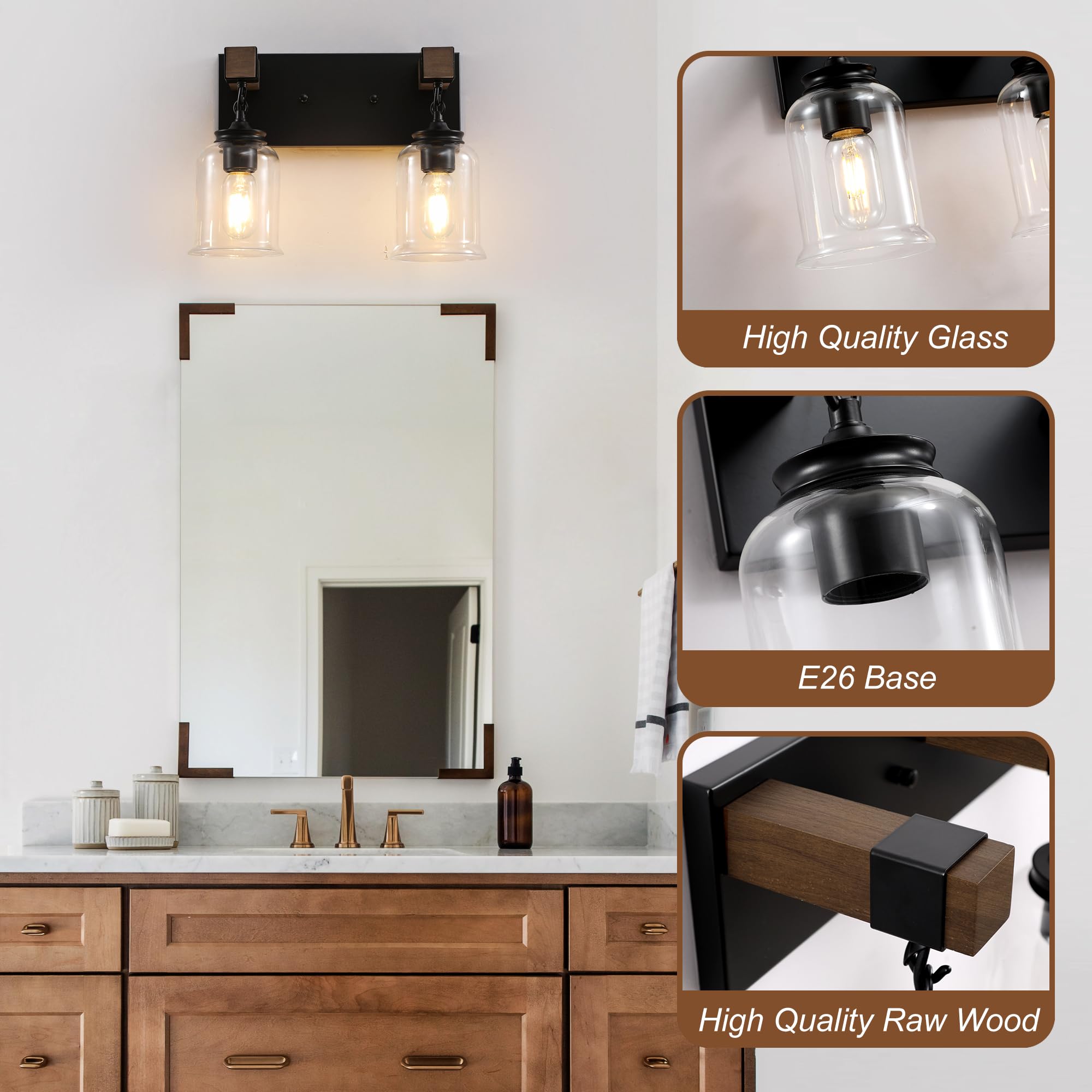 Farmhouse Bathroom Light Fixtures, 2 Light Matte Black Bathroom Vanity Light, Industrial Style with Clear Glass Shades, Lighting
