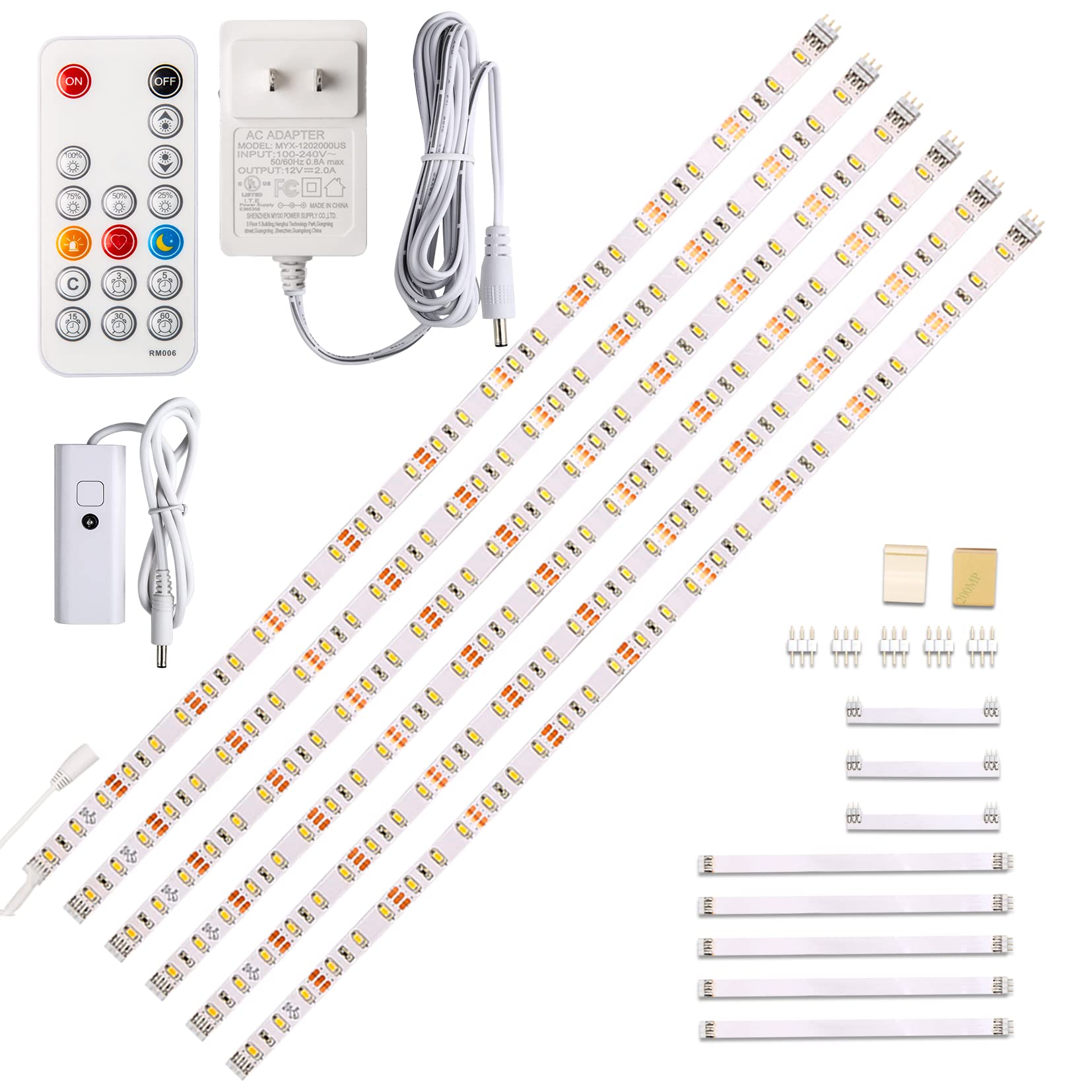WOBANE Under Cabinet Lighting Kit, 6PCS 20inch LED Strip Bars with 24W Adapter,RF Remote,Super Bright Daylight for Kitchen Cabinet,Under Desk,Counter Lighting,4000K Natural White,1500 Lumen,Dimmable
