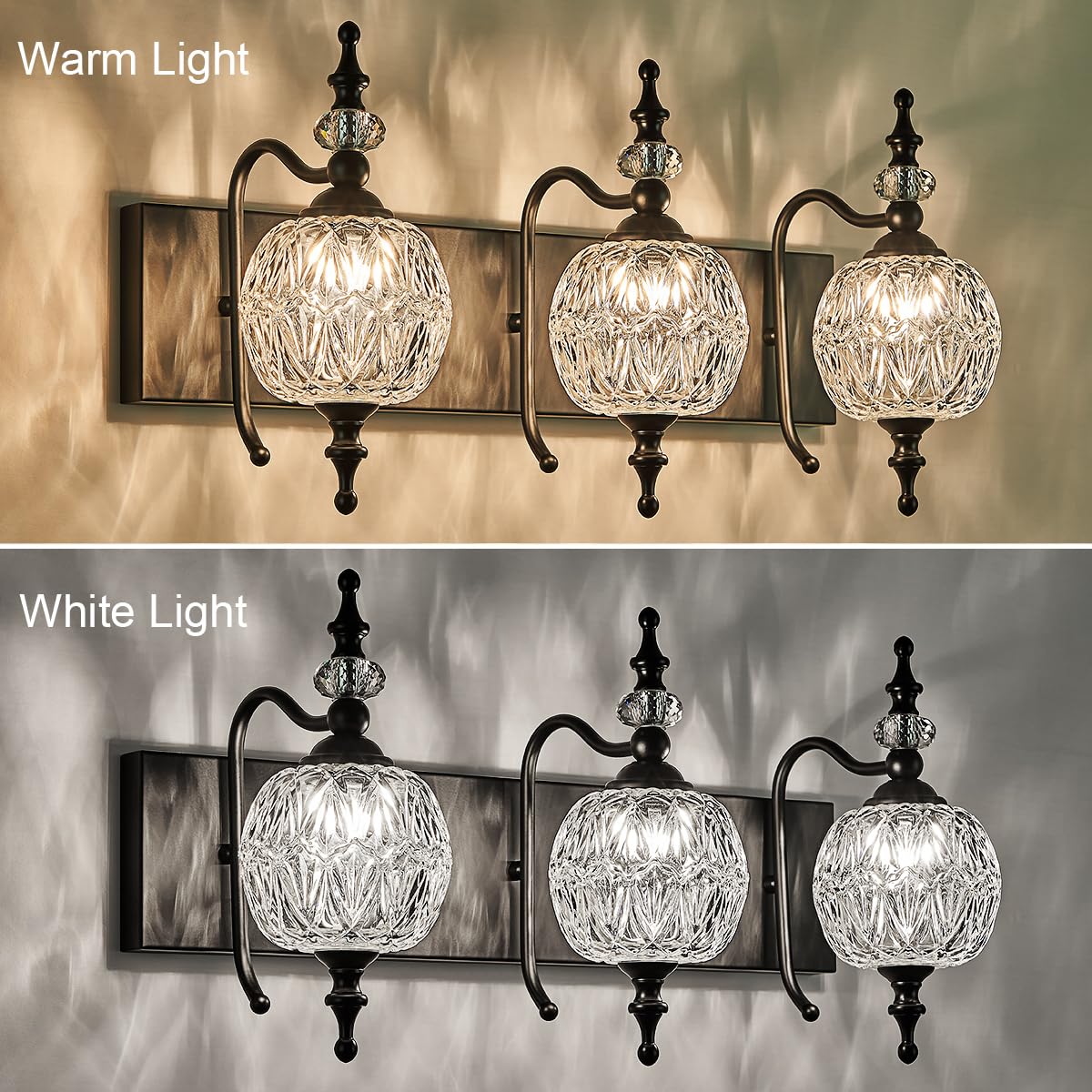 Tlolgt Black 3 Lights Vanity Light Fixtures, Modern Bathroom Lighting With Thick Crystal Glass Shade, Vintage Vanity Light For F