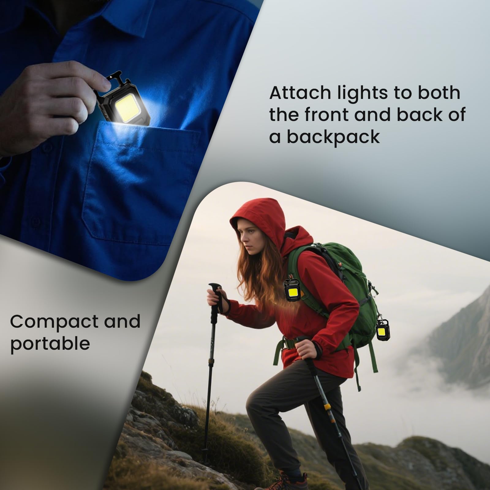 MAKDAK Cob Keychain Work Light EDC Flashlight, Rechargeable, Black, Model S16-2pc, with Bottle Opener for Camping and Emergency Use
