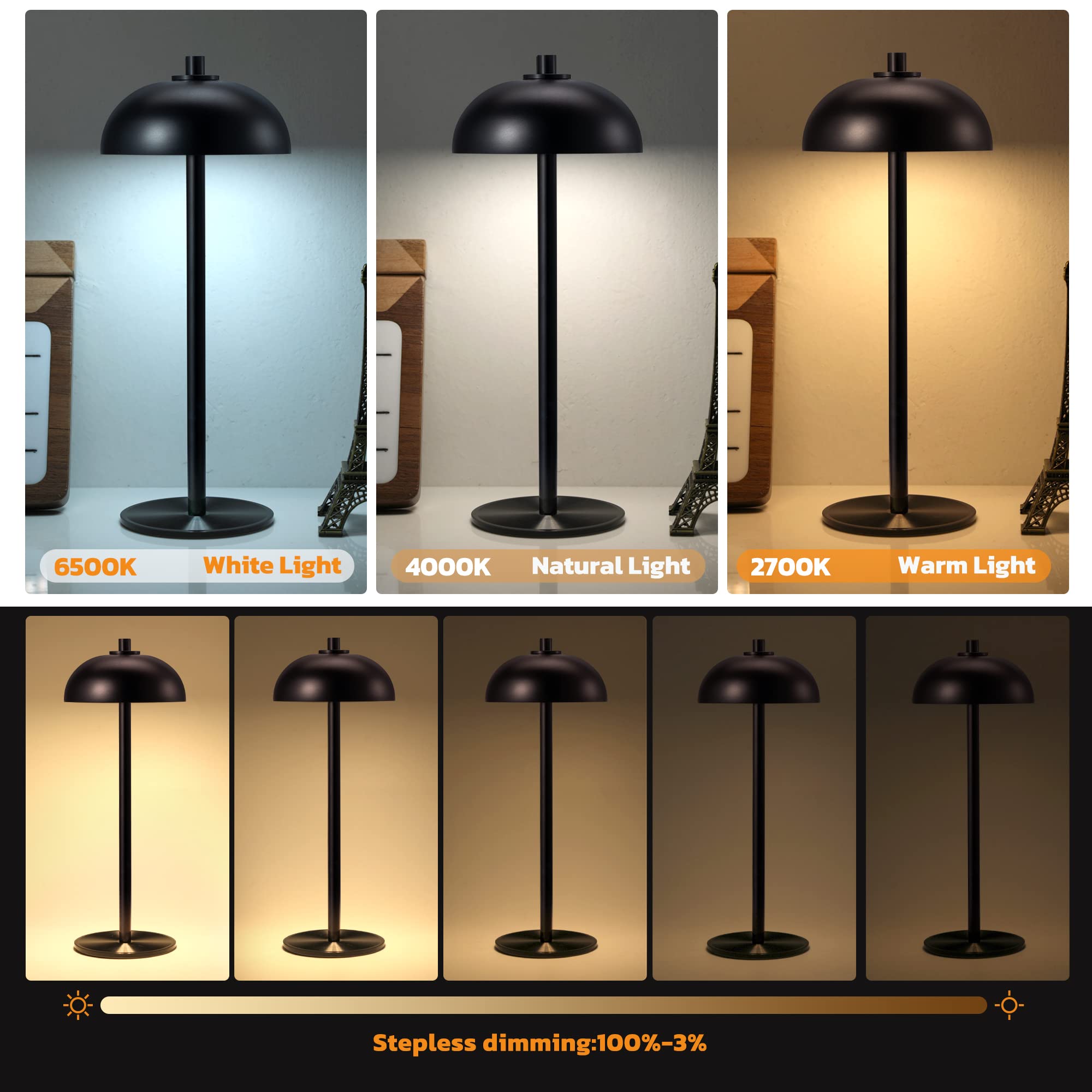 JONEMO Rechargeable Cordless Table Lamp 2 Pack - 5000mAh Battery, 3 Color Dimming, Aluminum, Black, Model MOGU