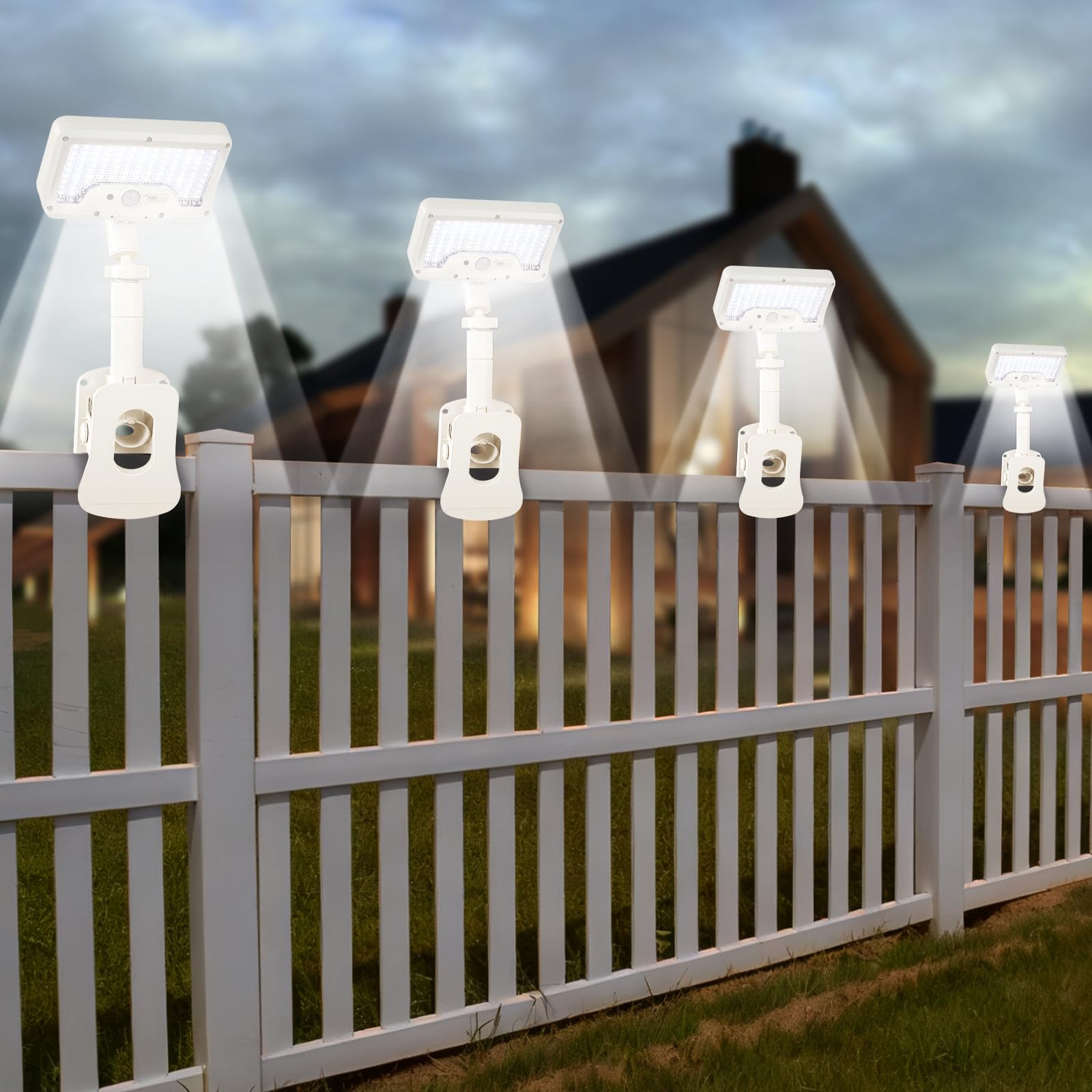 Clip On Solar Lights Outdoor with Motion Sensor  360Rotatable & Vertically Adjustable Solar Fence Lights with 92 LEDs (600 LM  6000 K) IP65 Waterproof Security Light for Deck  Gutter(White  4 Pack)