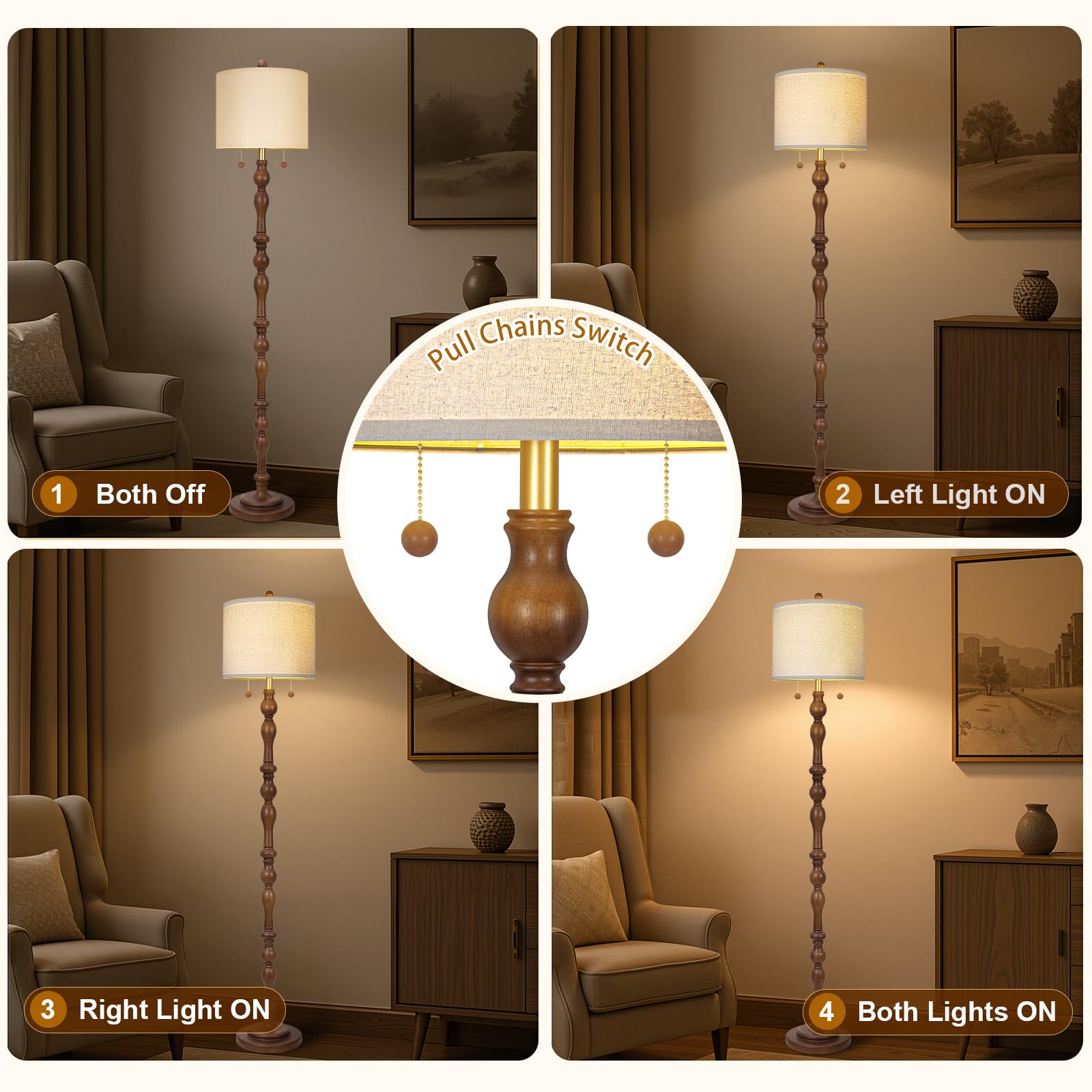 Scenekoy 65.5" Rustic Real Wood Floor Lamp with Linen Shade, Dark Brown, Model ZL012-BR, Perfect for Living Room, Bedroom, Office