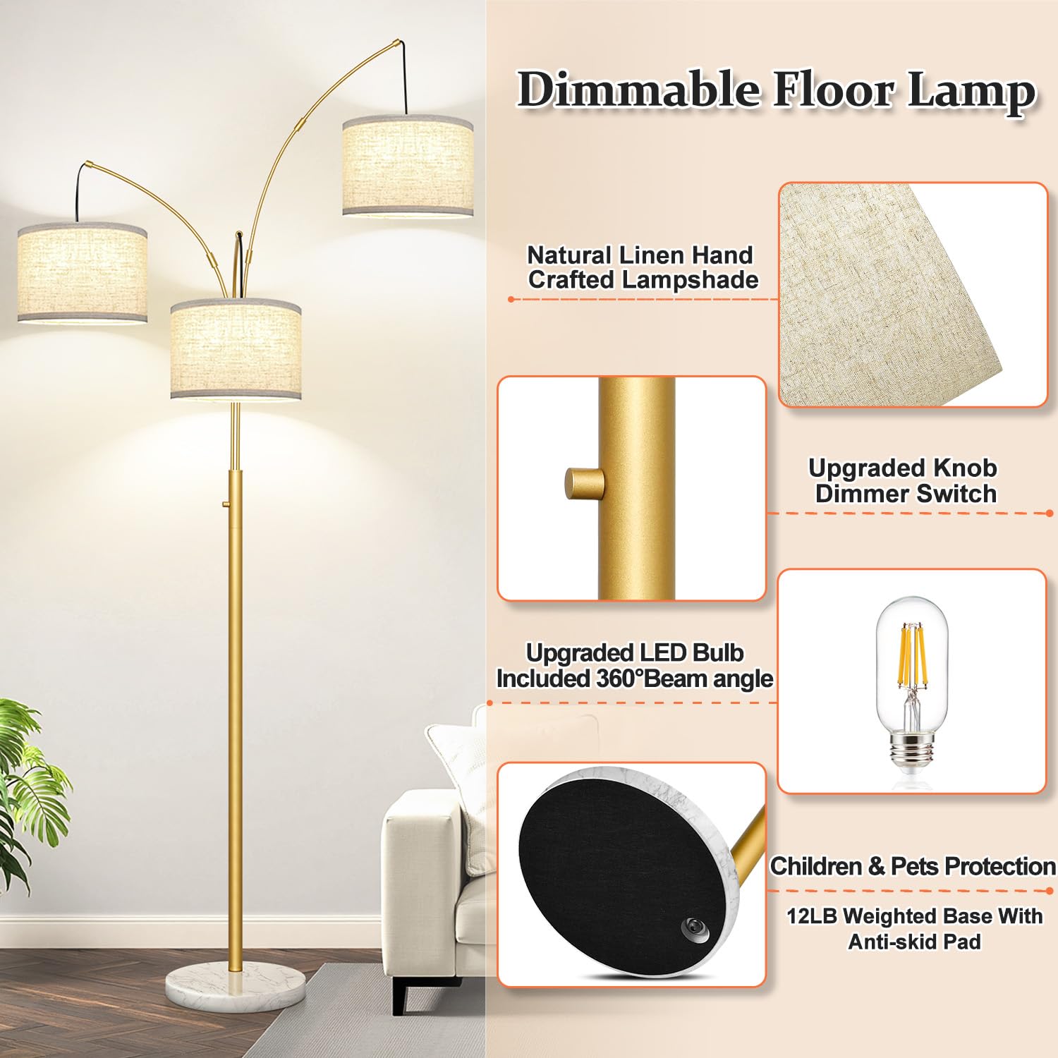 Dimmable Floor Lamp - 3 Lights Gold Floor Lamps For Living Room Linen White Shades & Marble Base, Mid Century Tree Floor Lamp Fo