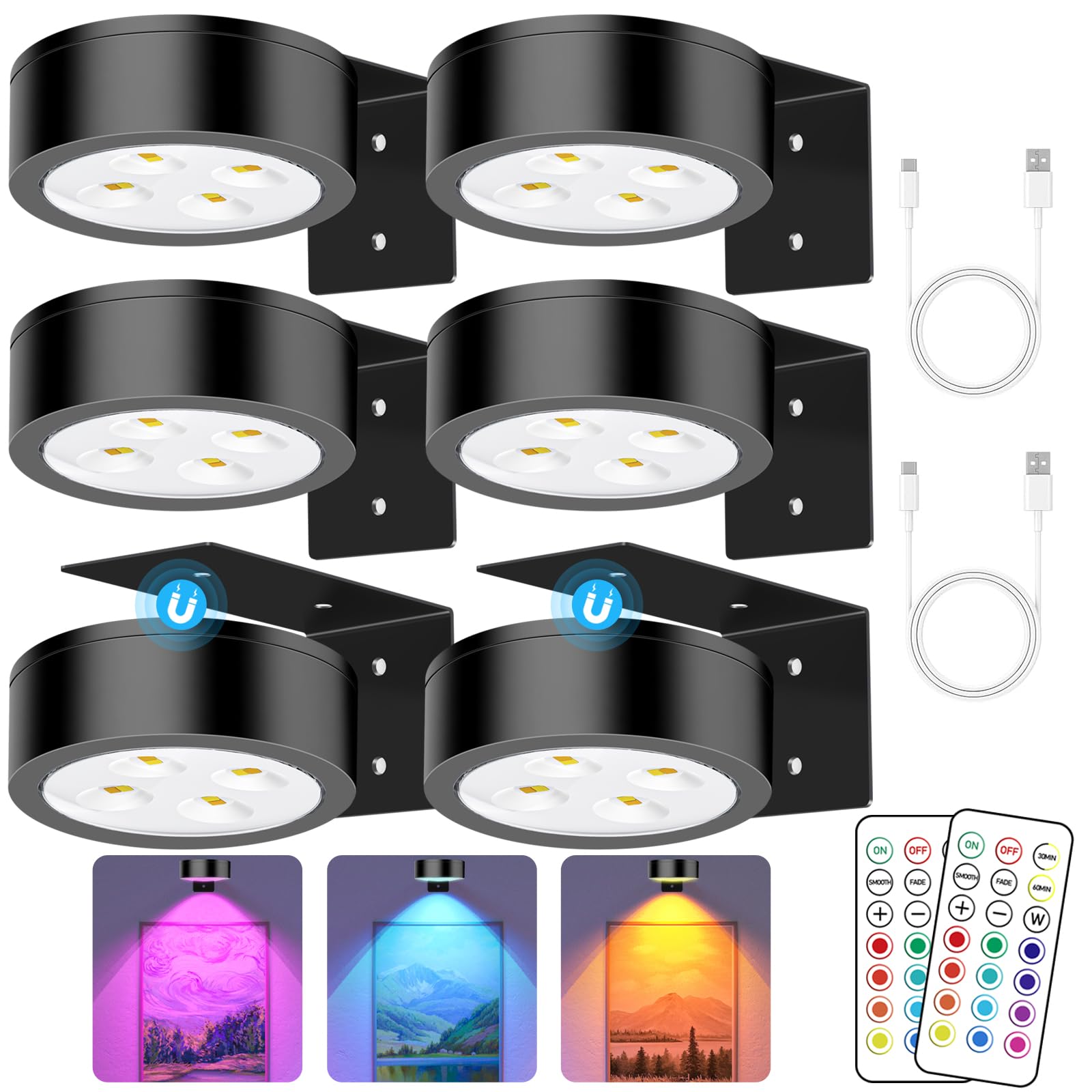 SIXDEFLY RGB Color Changing LED Art Display Light, Dimmable, Rechargeable, 6 Pack, Black