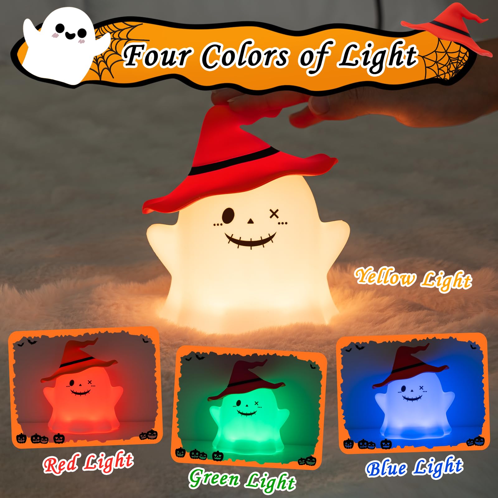 UMLAEN Cute Ghost Silicone Night Light for Kids, Rechargeable Bedside Lamp, Small Size, Red, Model HHDS080003002-R