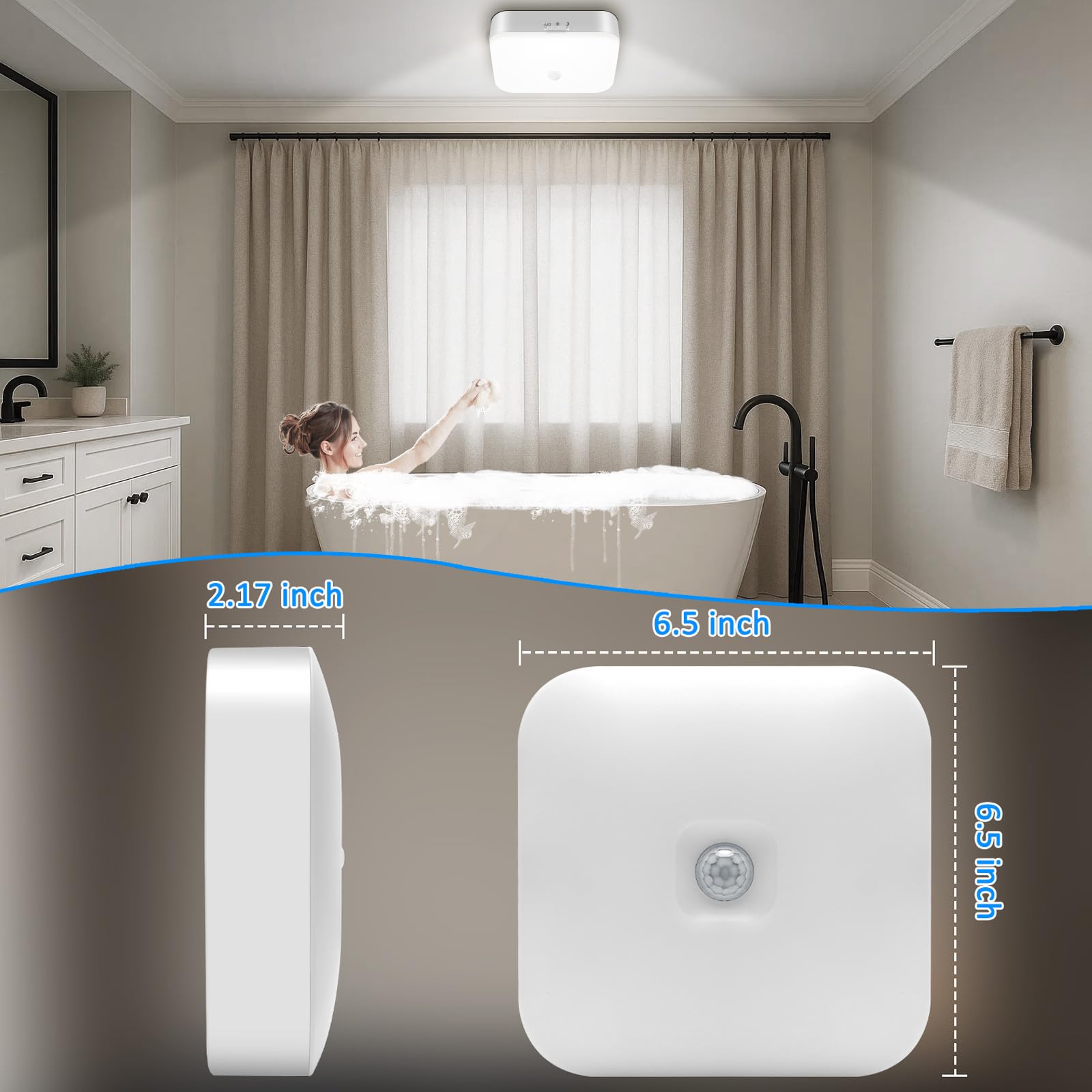 TOOWELL Waterproof Rechargeable Ceiling Light - 10000mAh Motion Sensor, White, Indoor Shower/Closet Light, 1 Pack, Wireless