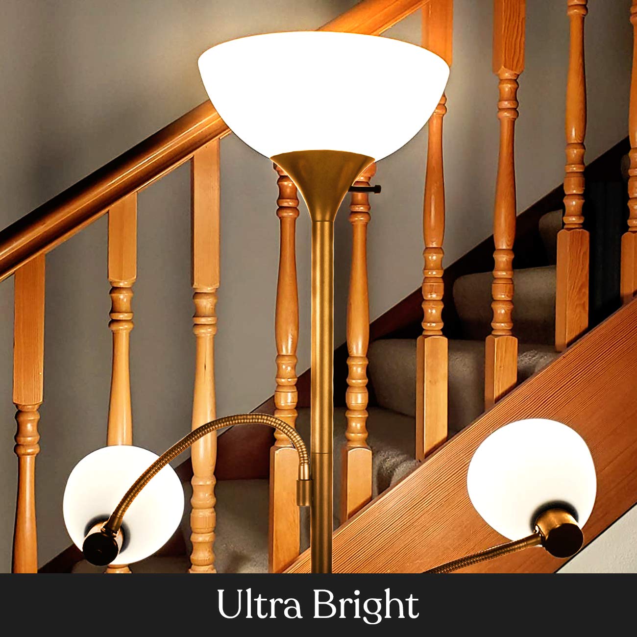 Brightech Sky Dome LED Floor Lamp - Dimmable Torchiere with 2 Reading Lamps, Gold Brass, Model FL-DME2-BRS
