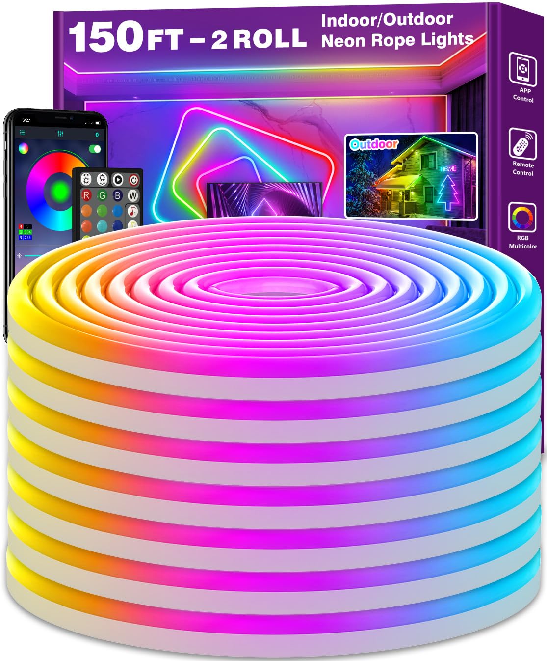 AILBTON 150Ft Neon Rope Lights Flexible Led Rope Lights Control with App/Remote Multiple Modes RopeLights IP65 Outdoor RGB Led Neon Lights NonWater Resistant Music Sync Gaming Led NeonLight Band