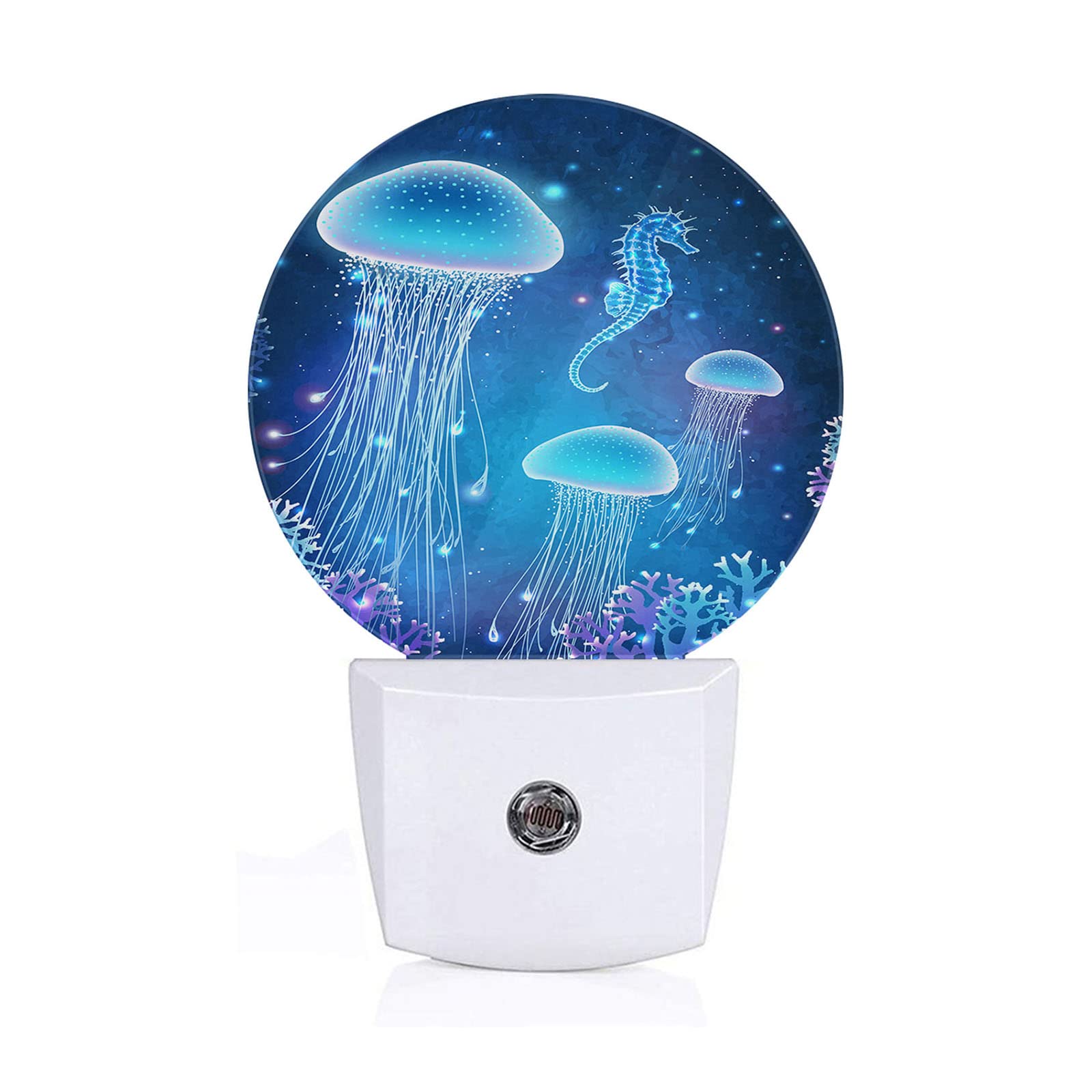 Axayaz Jellyfish And Seahorse Plug In Night Light Fantasy Undersea World Animal With Blue Light Auto Led Lamp Energy Saving Round Lights For Boys Girls Men Women