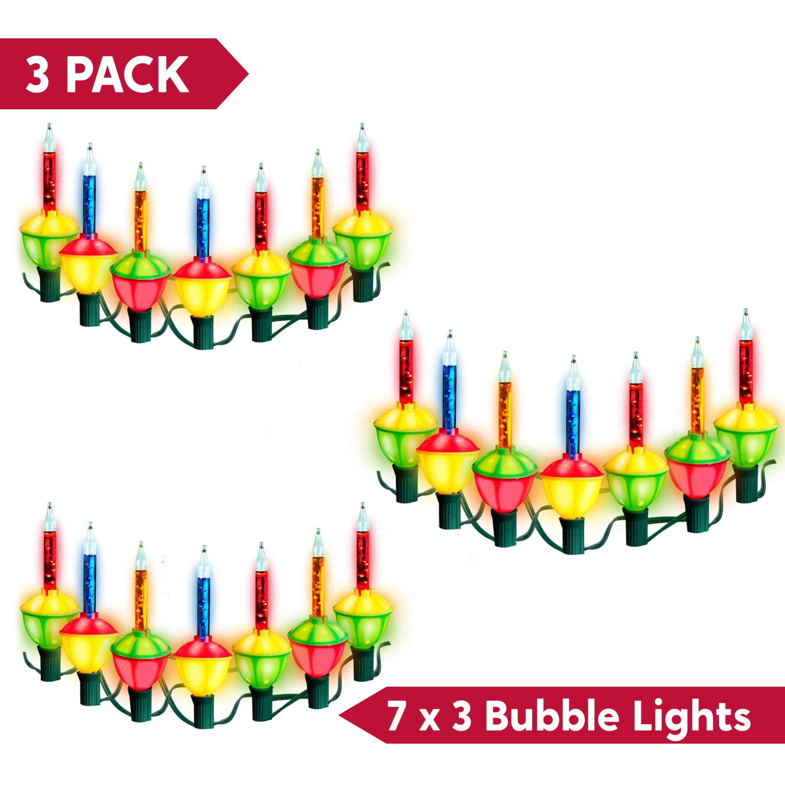 Joiedomi 3-Pack Vintage Bubble String Lights, 21 Multicolor Bubbles for Christmas Tree & Decorations, Model ULP(7)-LR(7)(5W)