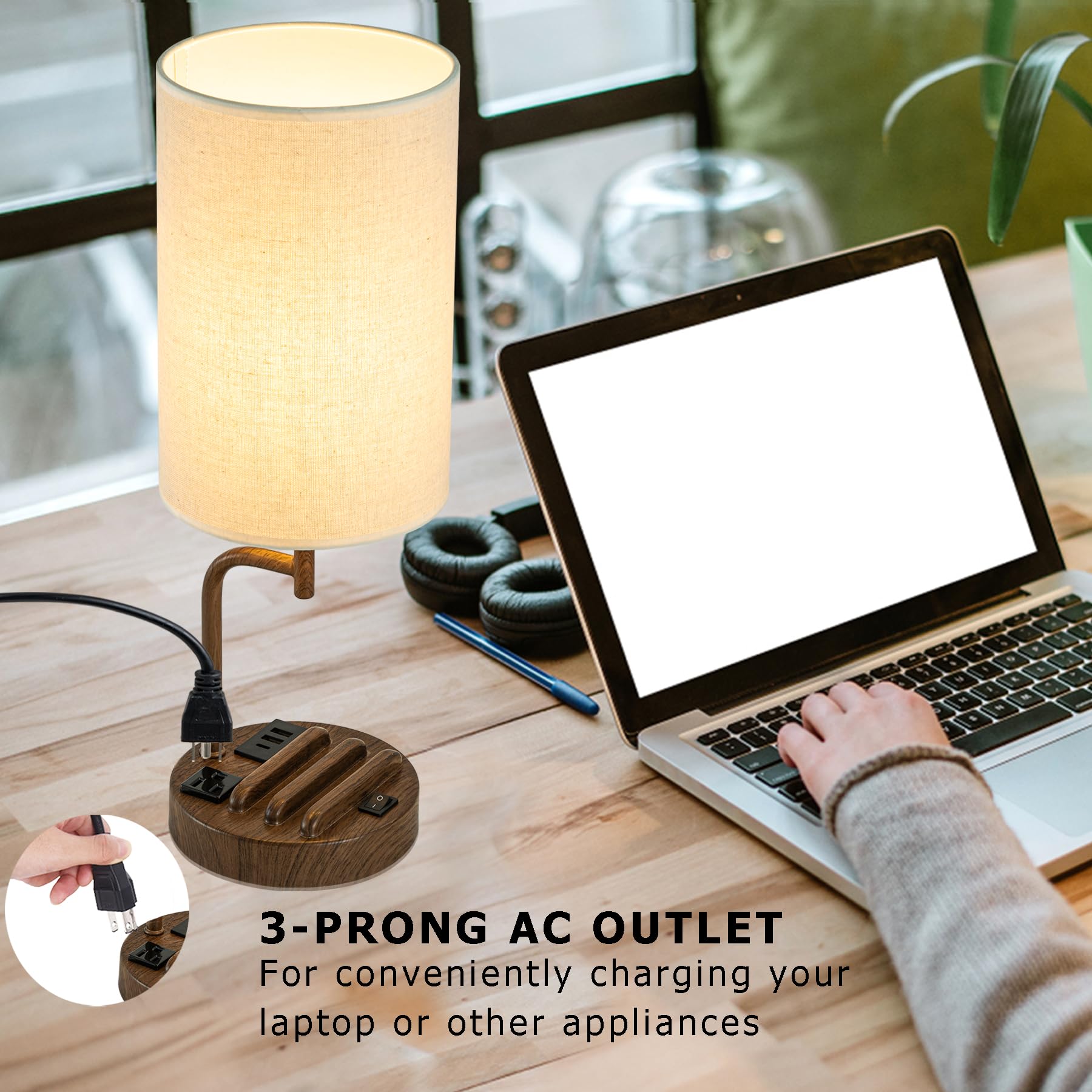 Dreamholder Table Lamp with 3 USB Ports, AC Outlet, Phone Stands, Pack of 2, Walnut, Model DH9099