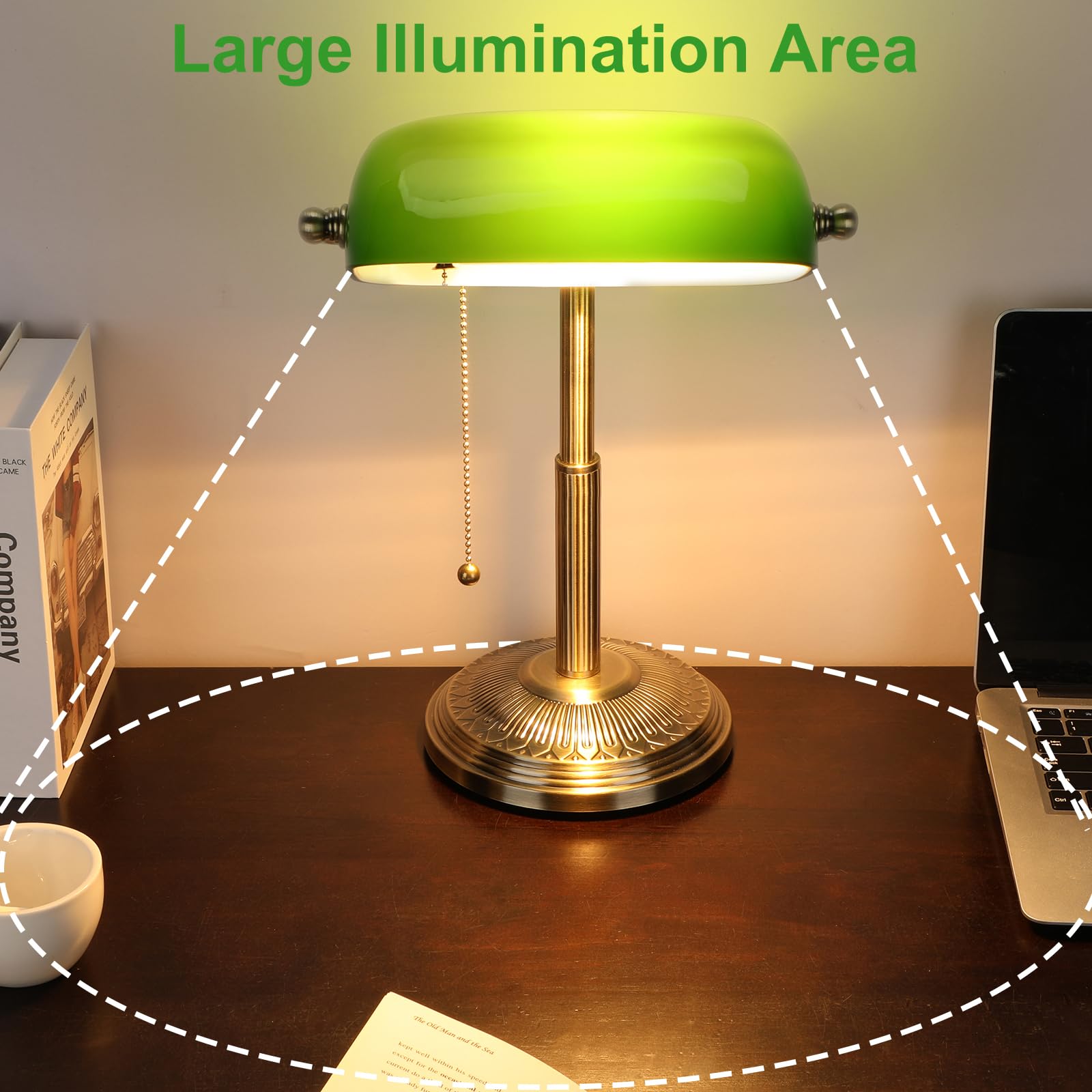 Linnmon Bankers Desk Lamp, Green Retro Lamp, Vintage Lamp With Pull Chain Switch For Home Office, Led Bulb Included (Brass+Green