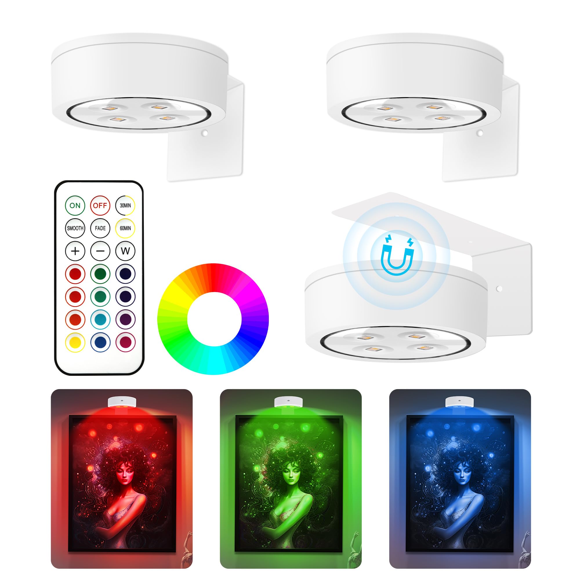 3Pcs Picture Light Battery Operated, 13 RGB Color Magnetic Led Art Display Light for Picture Frame Artworking, Wireless Painting